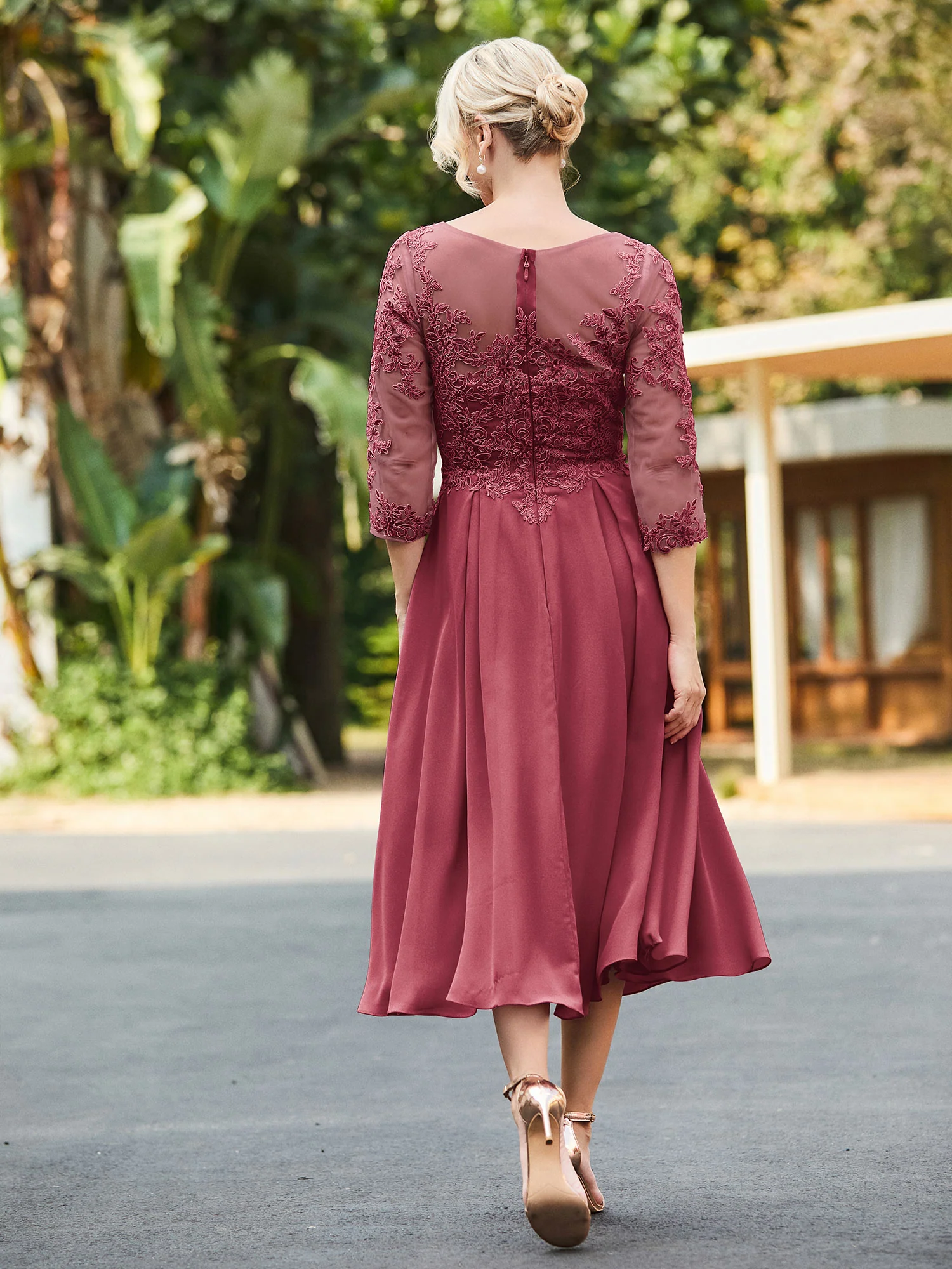 A-line Lace Appliqued Tea-length Dress Cinnamon Rose - Image 2