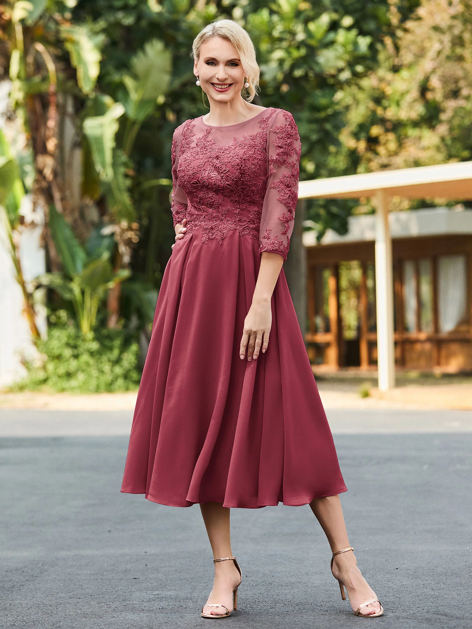 A-line Lace Appliqued Tea-length Dress Cinnamon Rose - Image 3