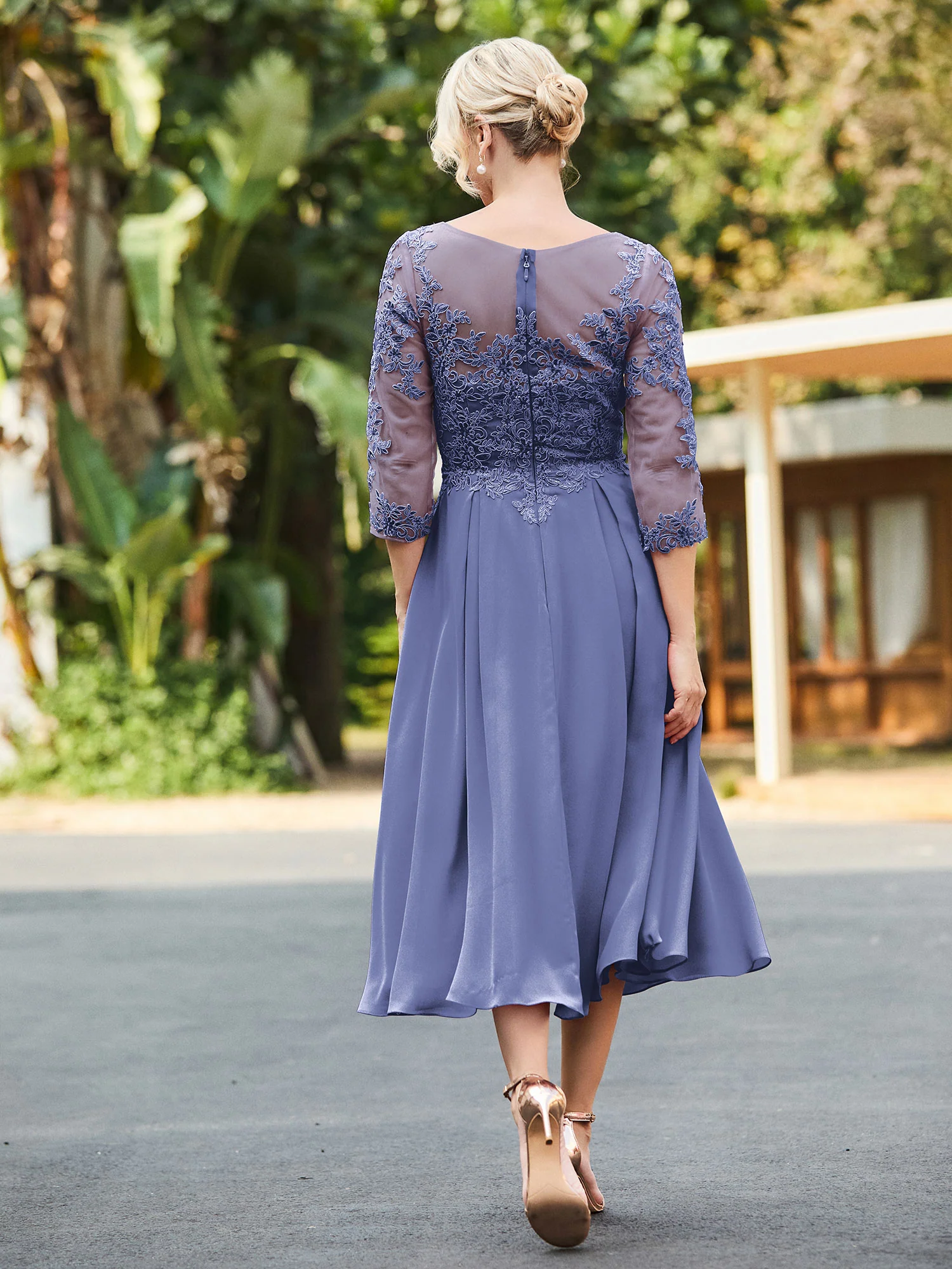 A-line Lace Appliqued Tea-length Dress Periwinkle - Image 2