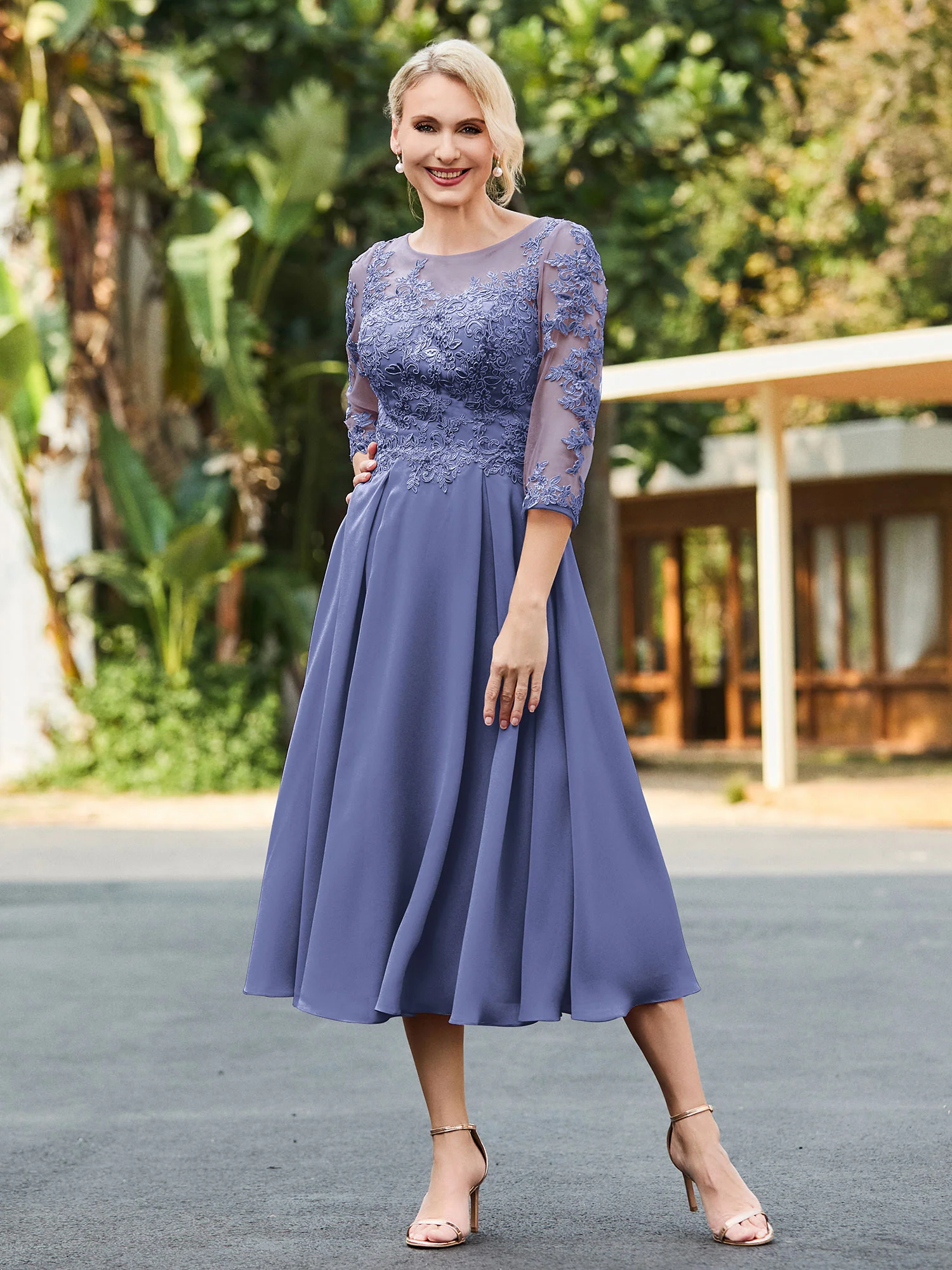 A-line Lace Appliqued Tea-length Dress Periwinkle - Image 3