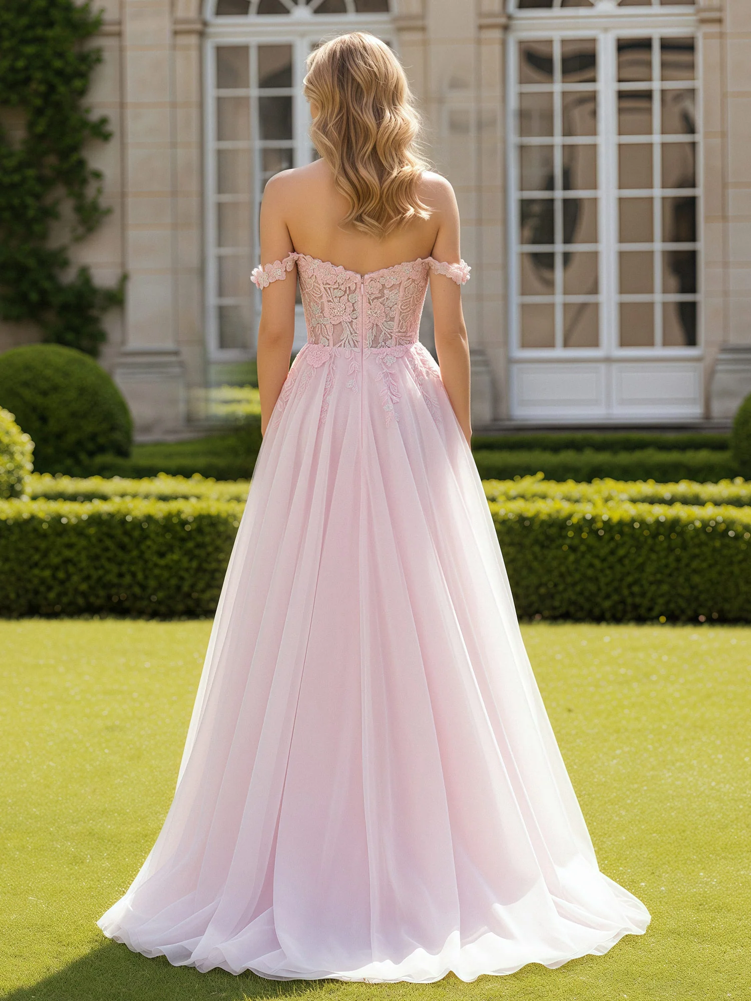 A-Line Lace Off-the-shoulder Applique Tulle Dress Blushing Pink - Image 2