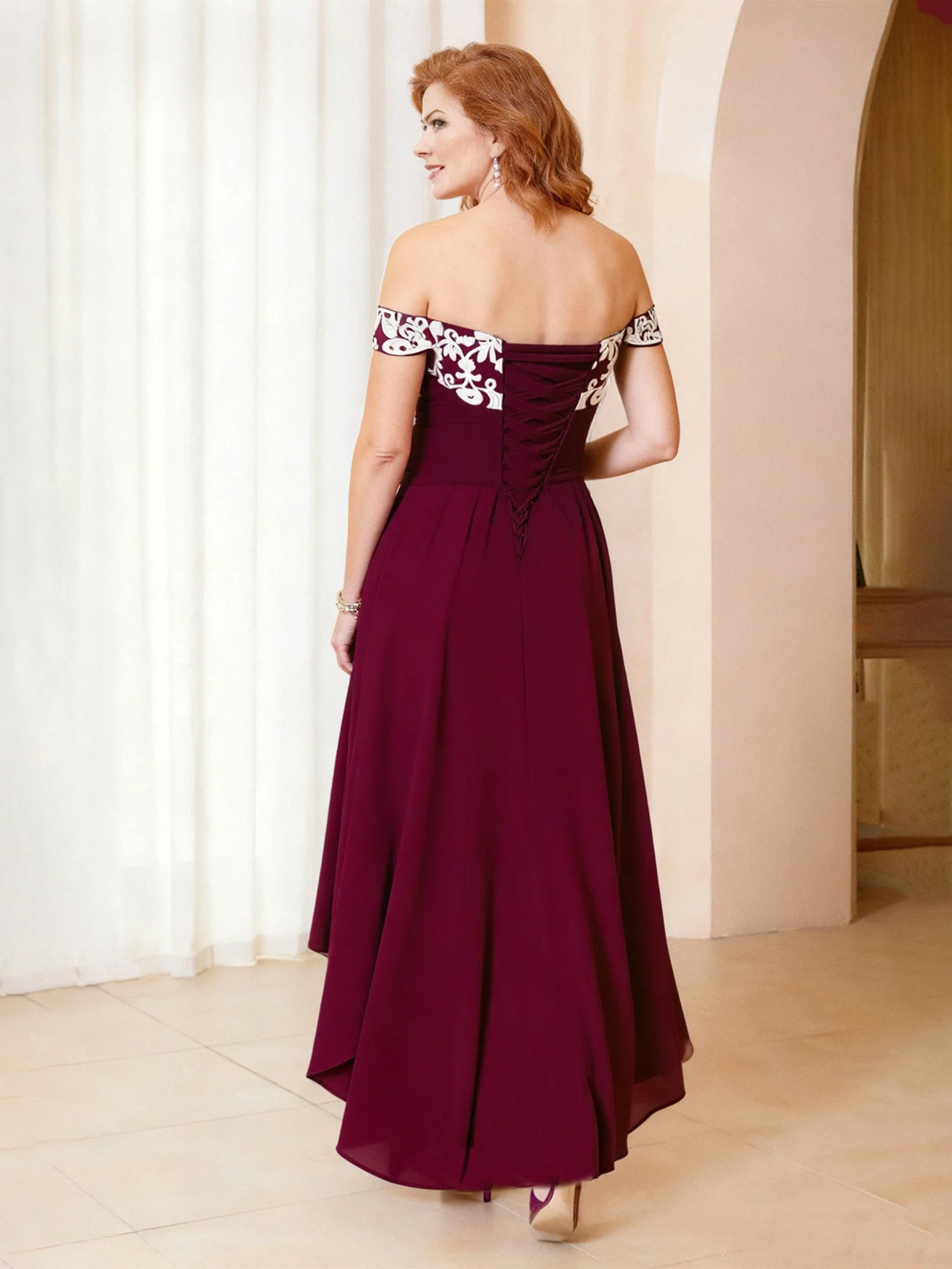 A-Line Lace Off-the-Shoulder Chiffon Asymmetrical Dress Burgundy - Image 2