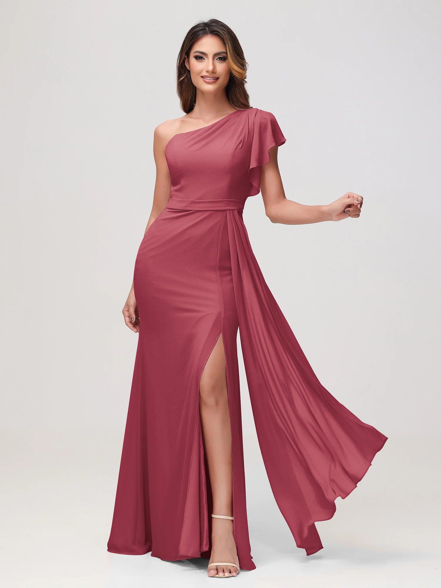 A-Line One Shoulder Sheath Dress Cinnamon Rose
