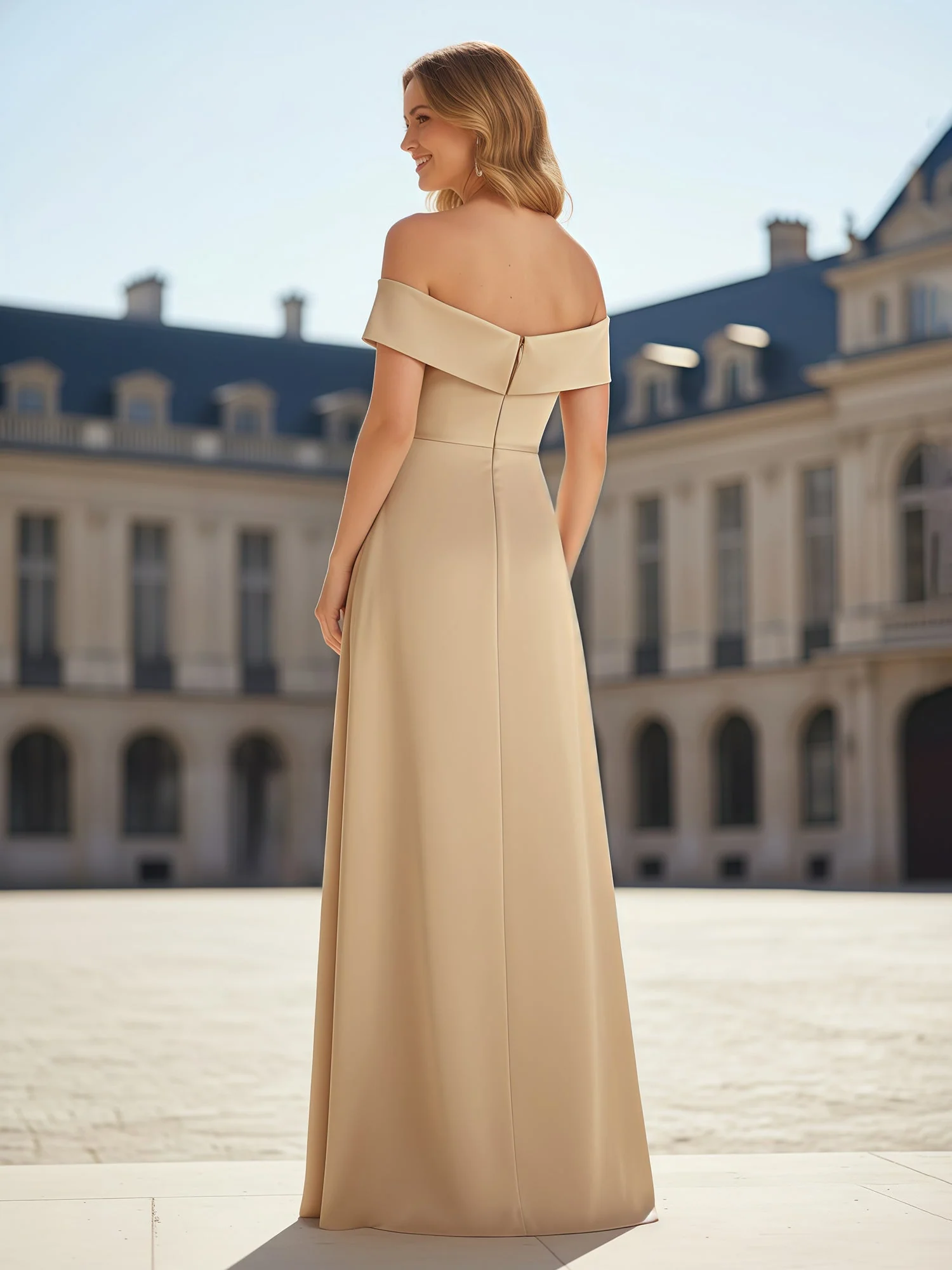 A-Line Pleated Off-the-shoulder Long Dress With Slit Champagne Teal - Image 2