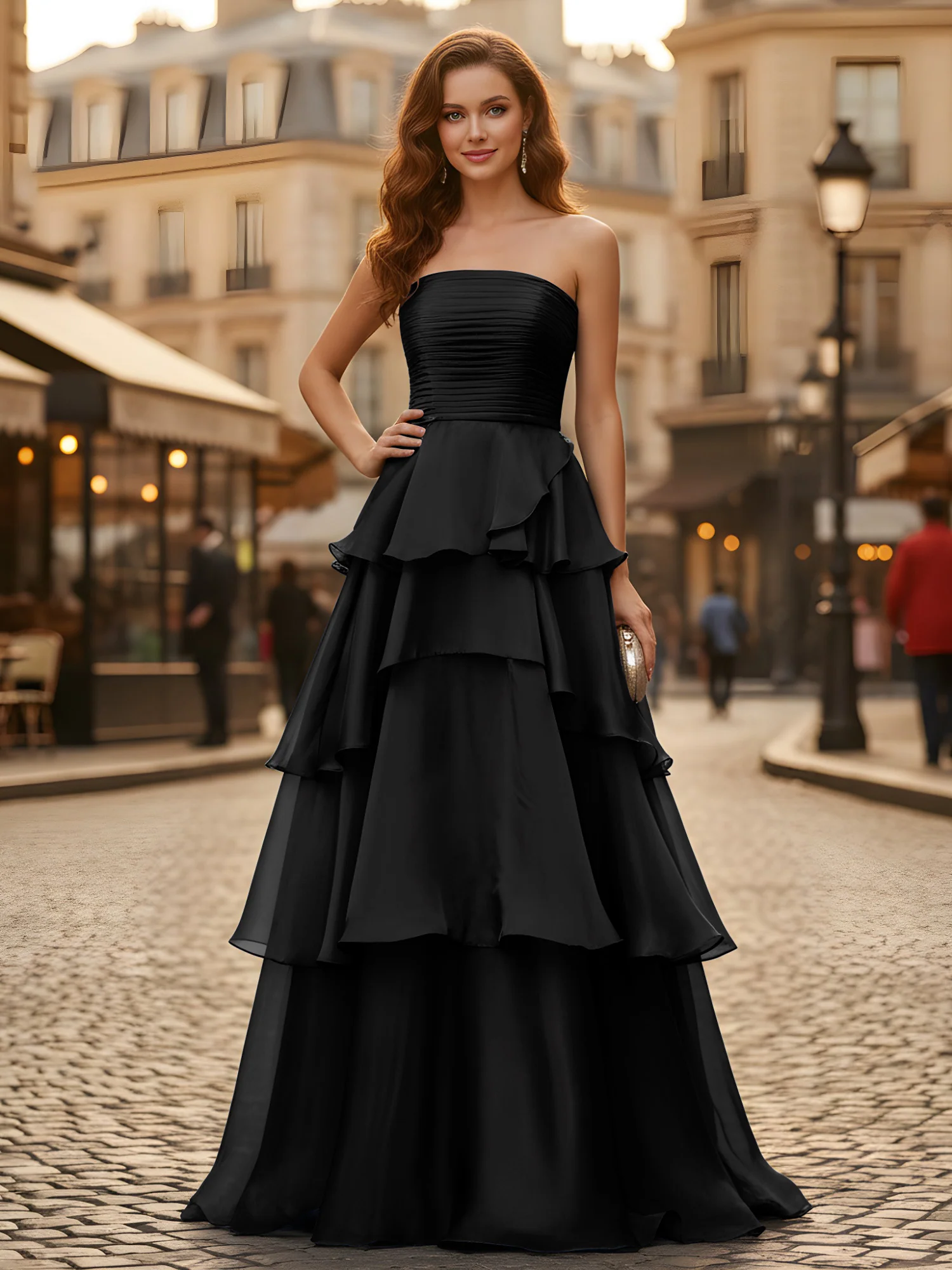 A-line Pleated Strapless Tiered Long Dress Black