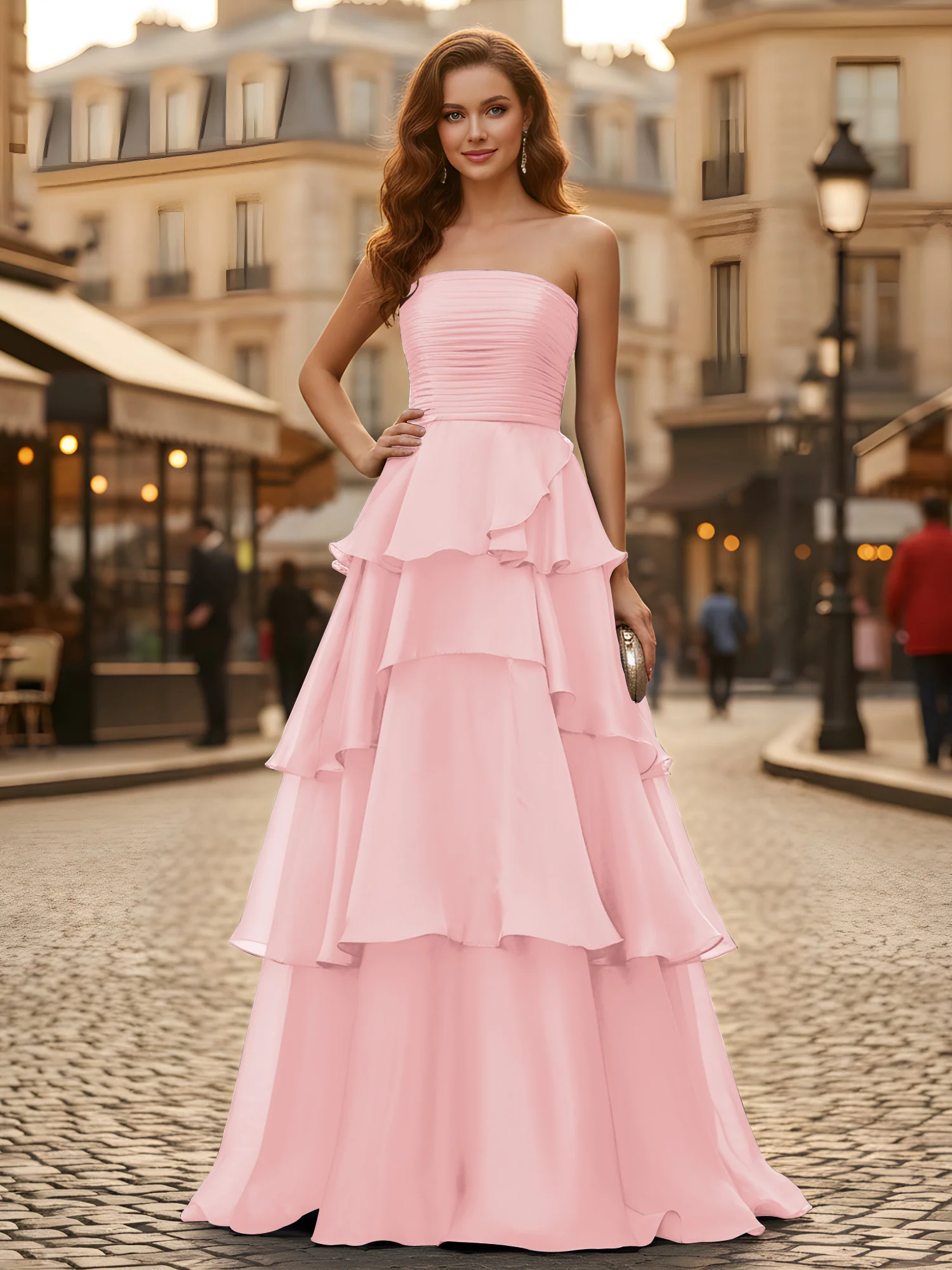 A-line Pleated Strapless Tiered Long Dress Blushing Pink