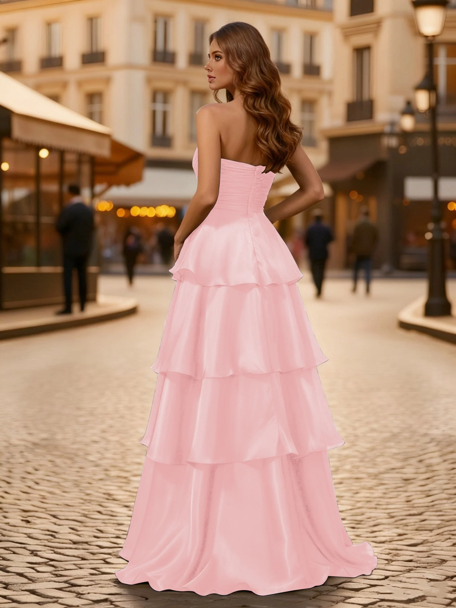 A-line Pleated Strapless Tiered Long Dress Blushing Pink - Image 2