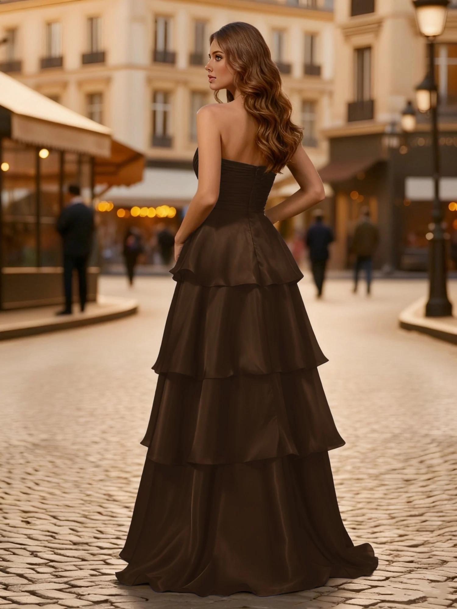 A-line Pleated Strapless Tiered Long Dress Brown - Image 2