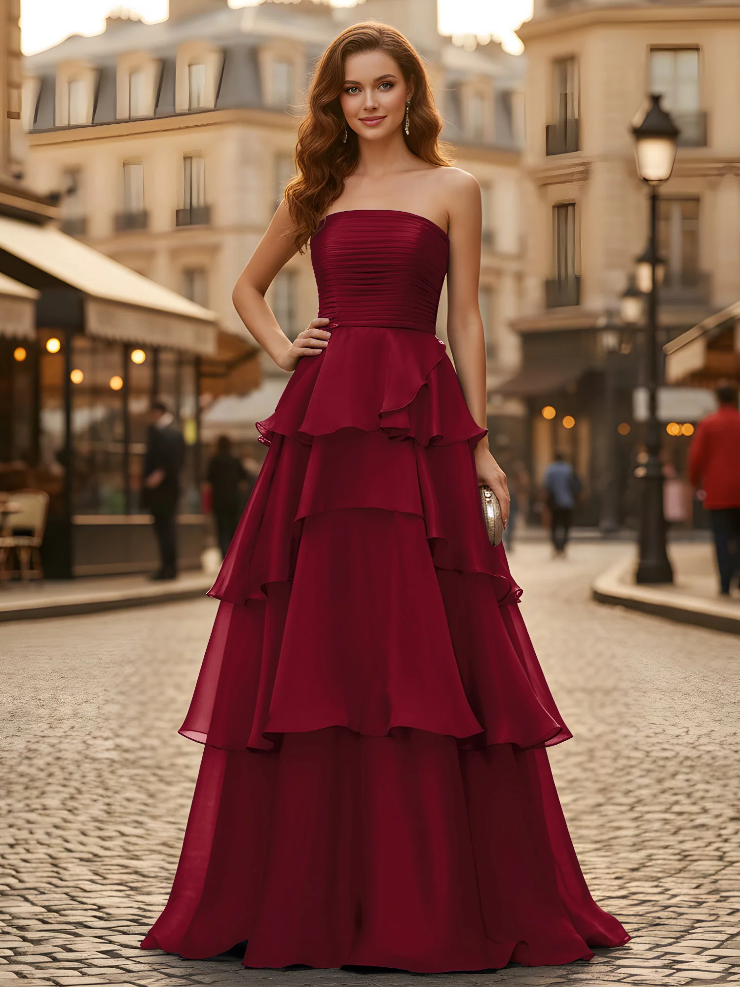 A-line Pleated Strapless Tiered Long Dress Burgundy