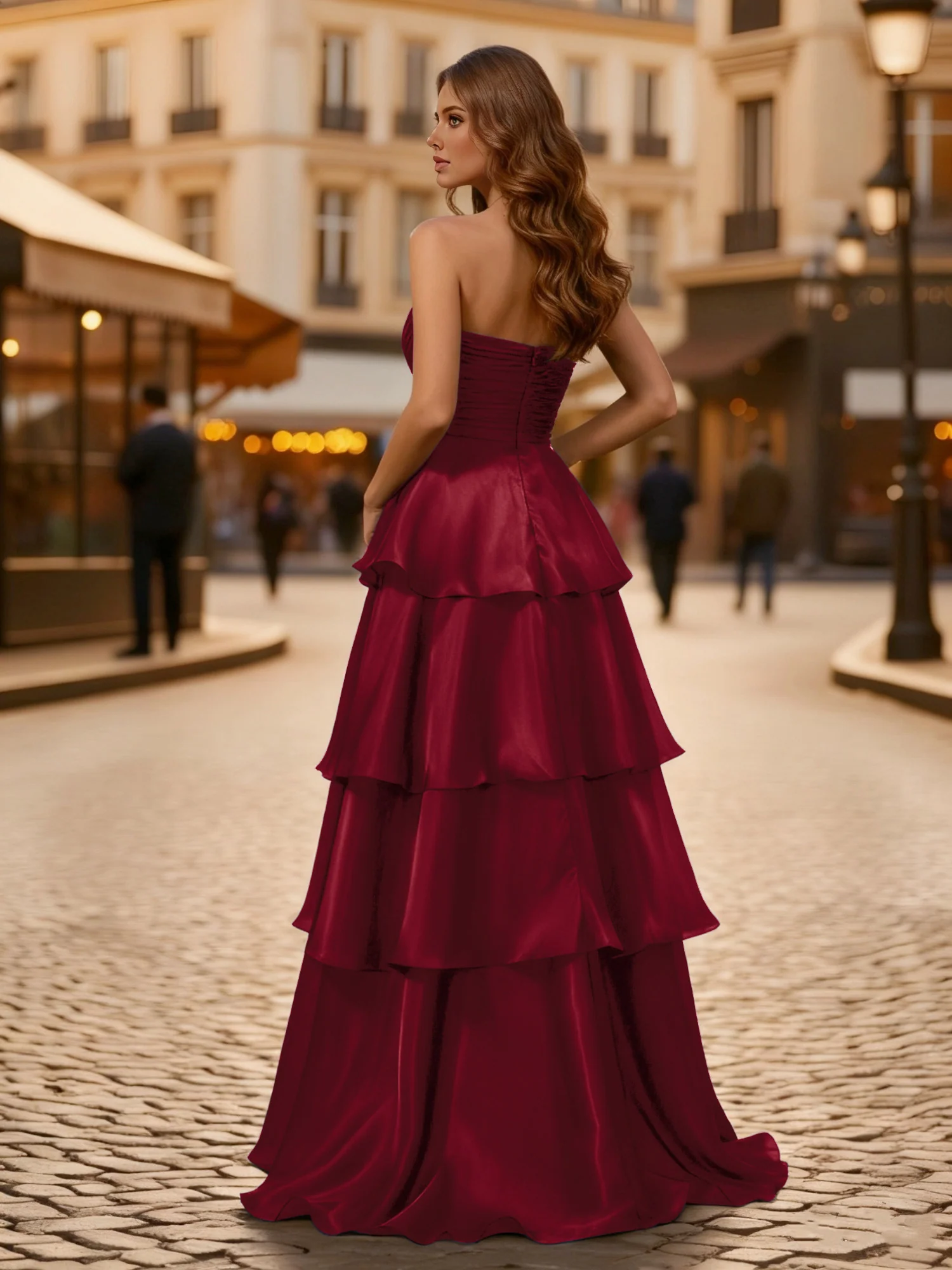 A-line Pleated Strapless Tiered Long Dress Burgundy - Image 2
