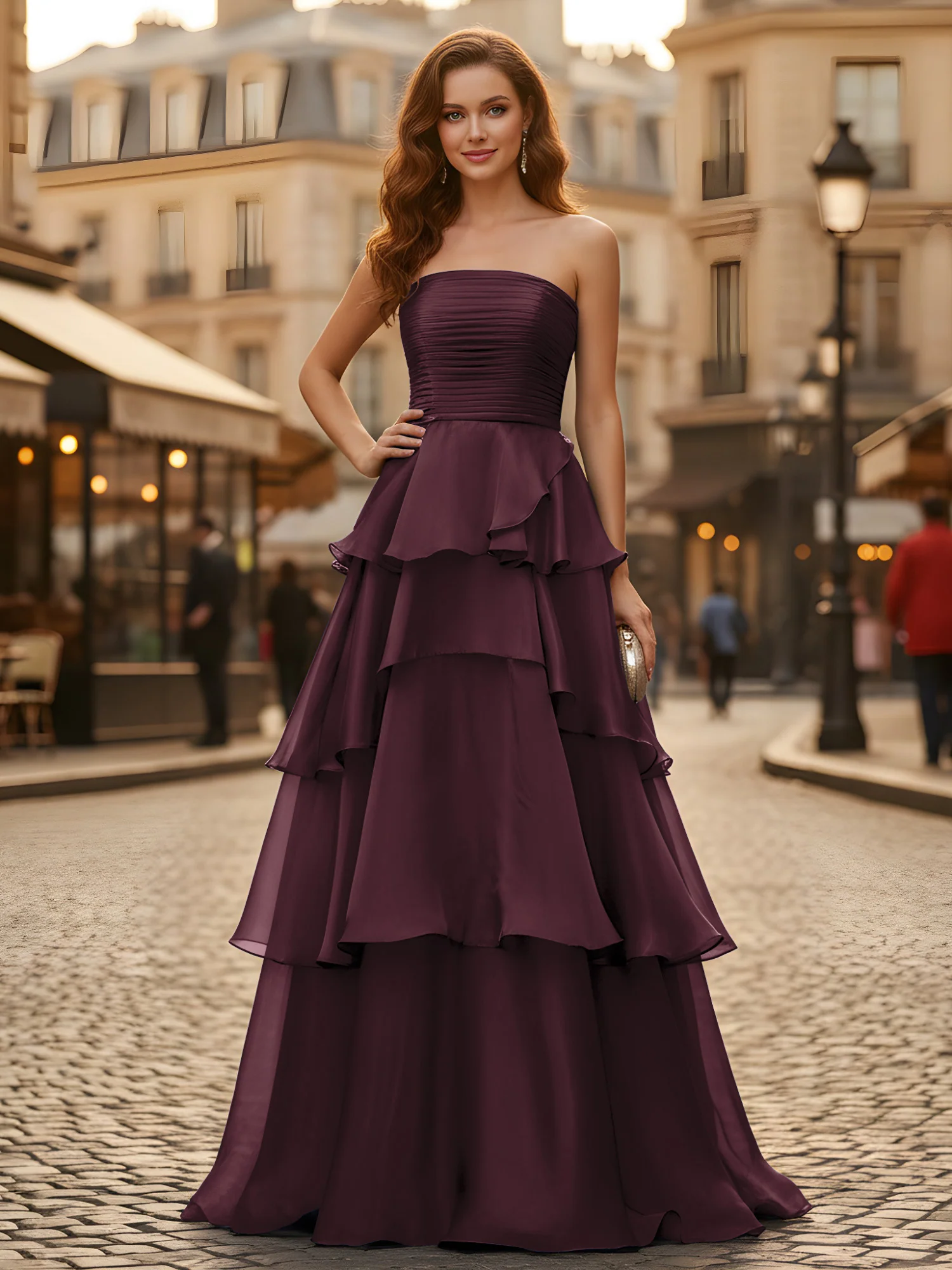 A-line Pleated Strapless Tiered Long Dress Cabernet