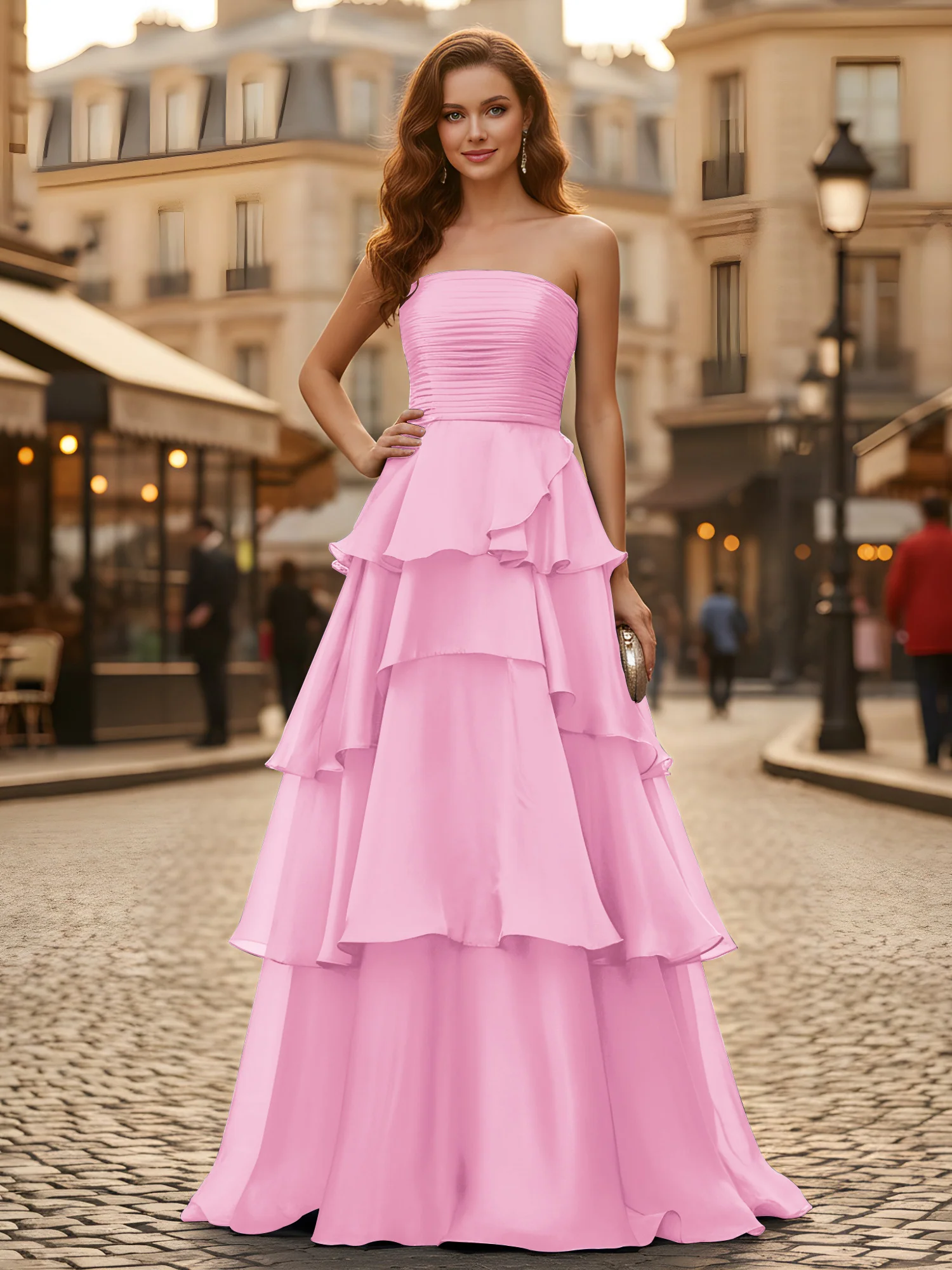 A-line Pleated Strapless Tiered Long Dress Candy Pink