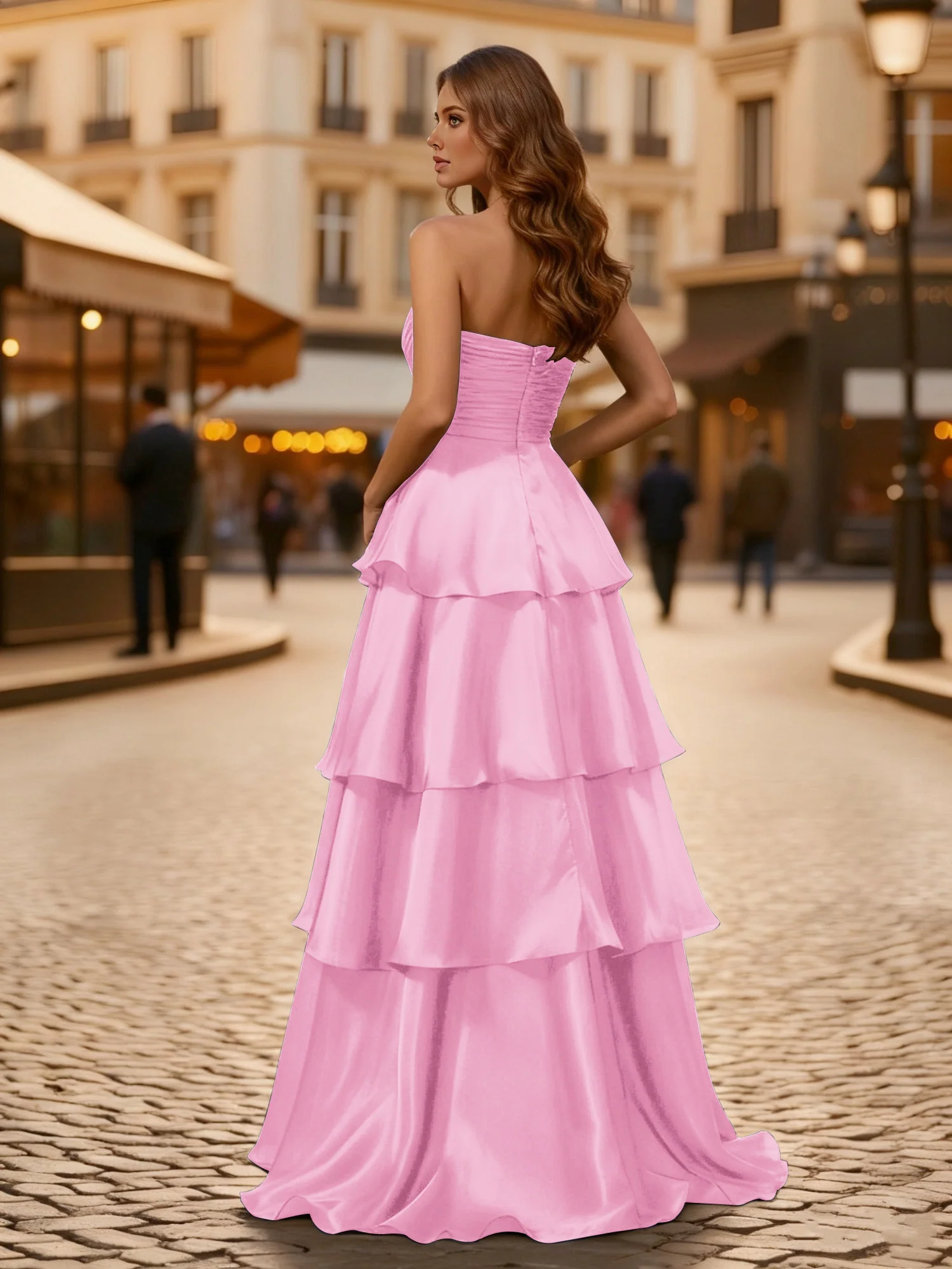 A-line Pleated Strapless Tiered Long Dress Candy Pink - Image 2