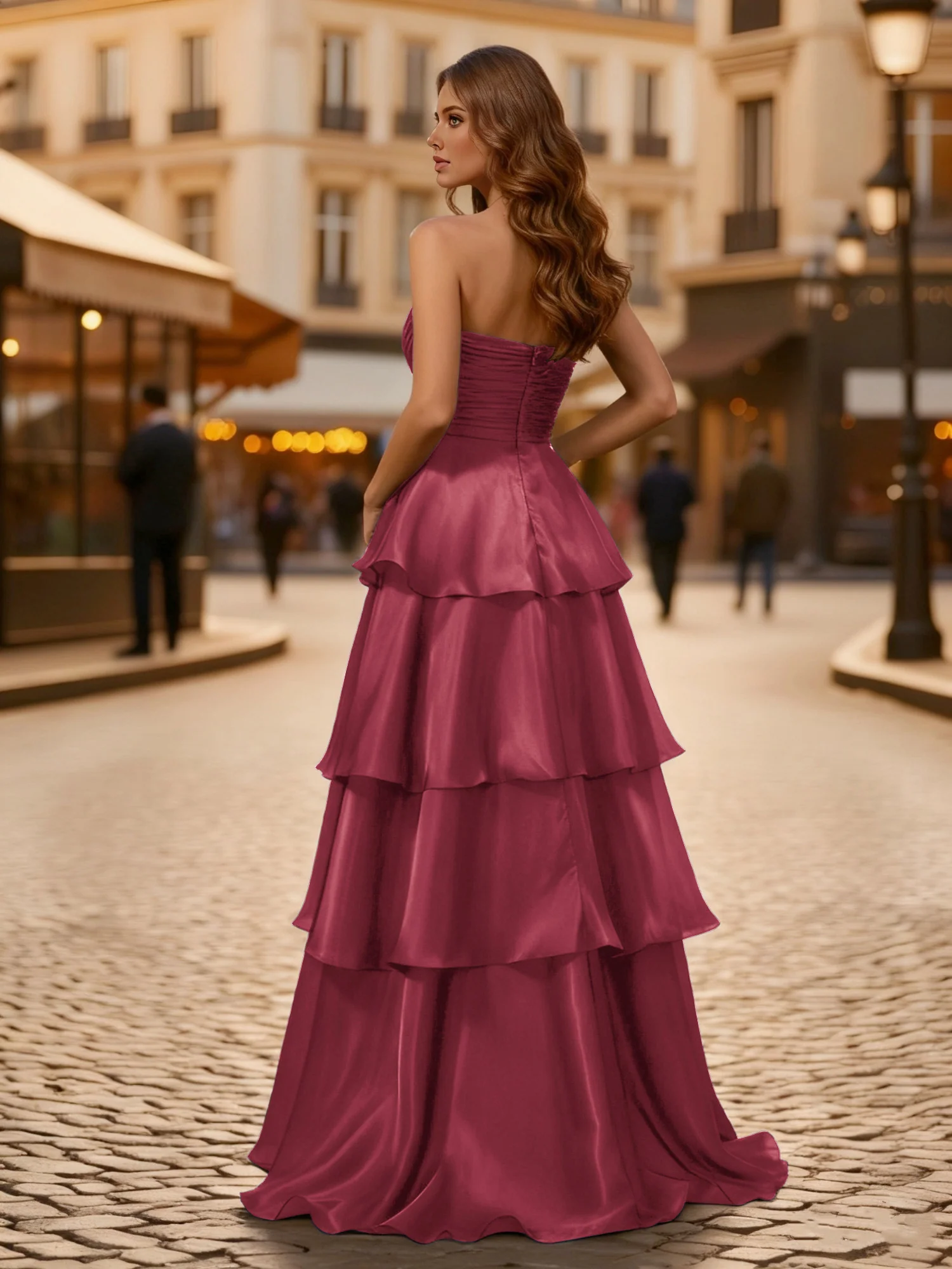 A-line Pleated Strapless Tiered Long Dress Cinnamon Rose - Image 2