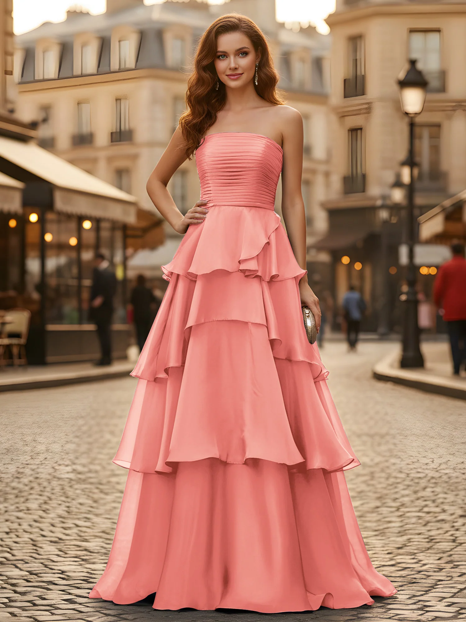 A-line Pleated Strapless Tiered Long Dress Coral