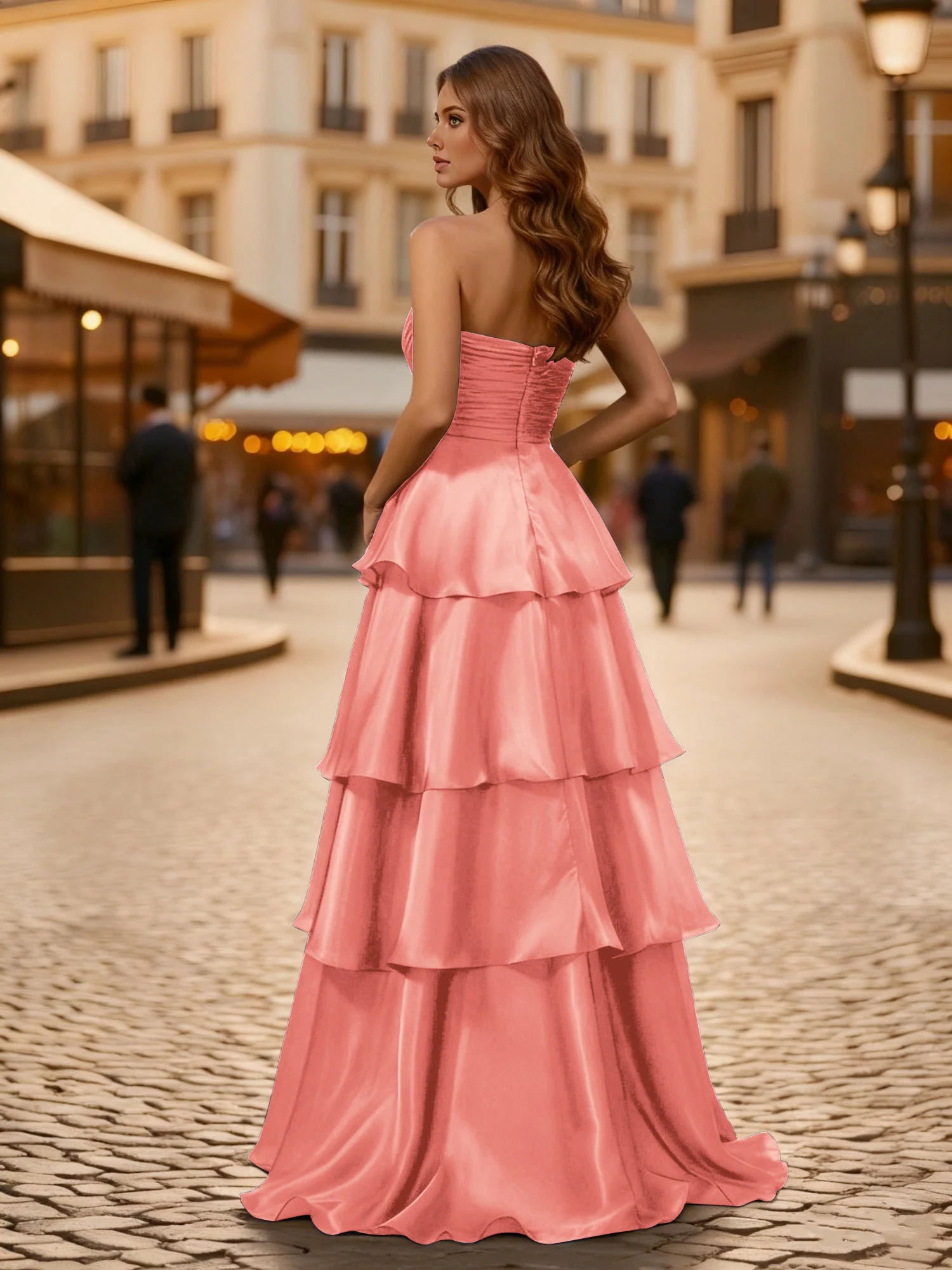 A-line Pleated Strapless Tiered Long Dress Coral - Image 2