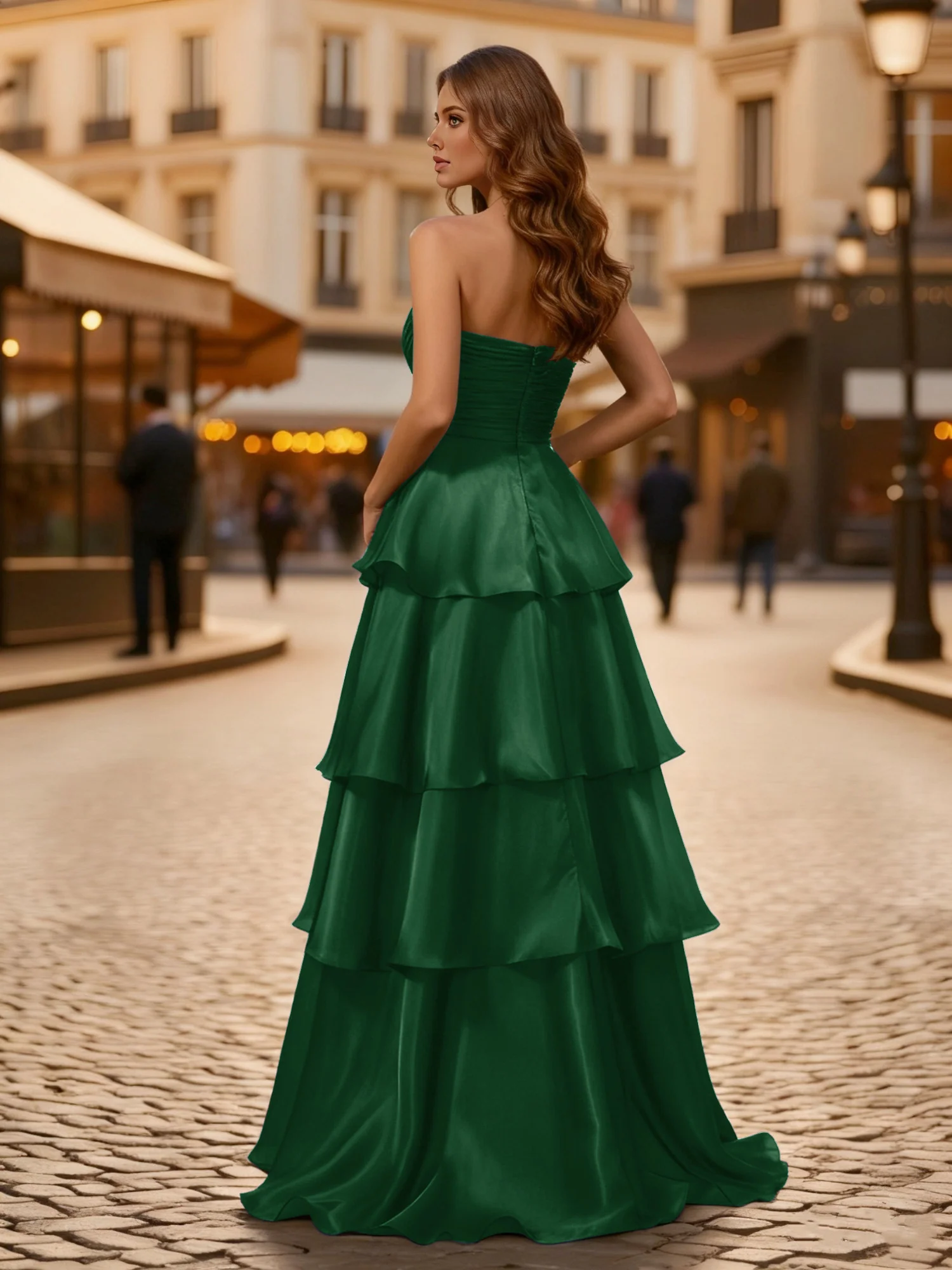 A-line Pleated Strapless Tiered Long Dress Dark Green - Image 2