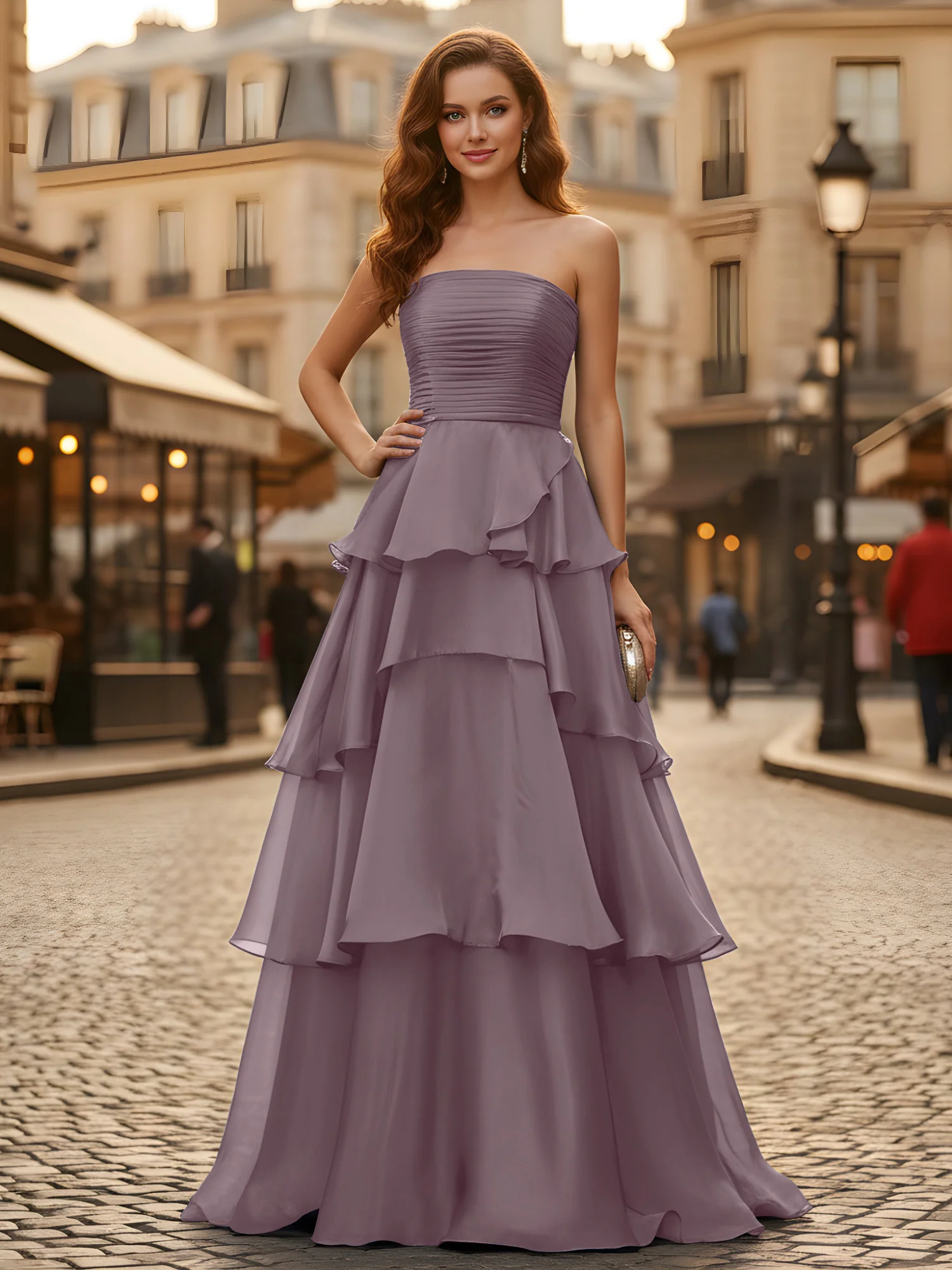 A-line Pleated Strapless Tiered Long Dress Dusk