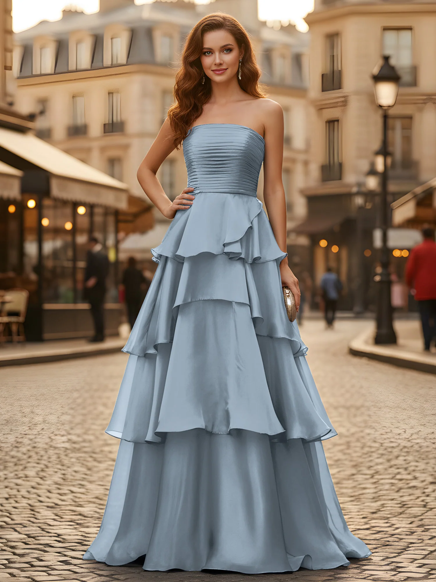 A-line Pleated Strapless Tiered Long Dress Dusty Blue