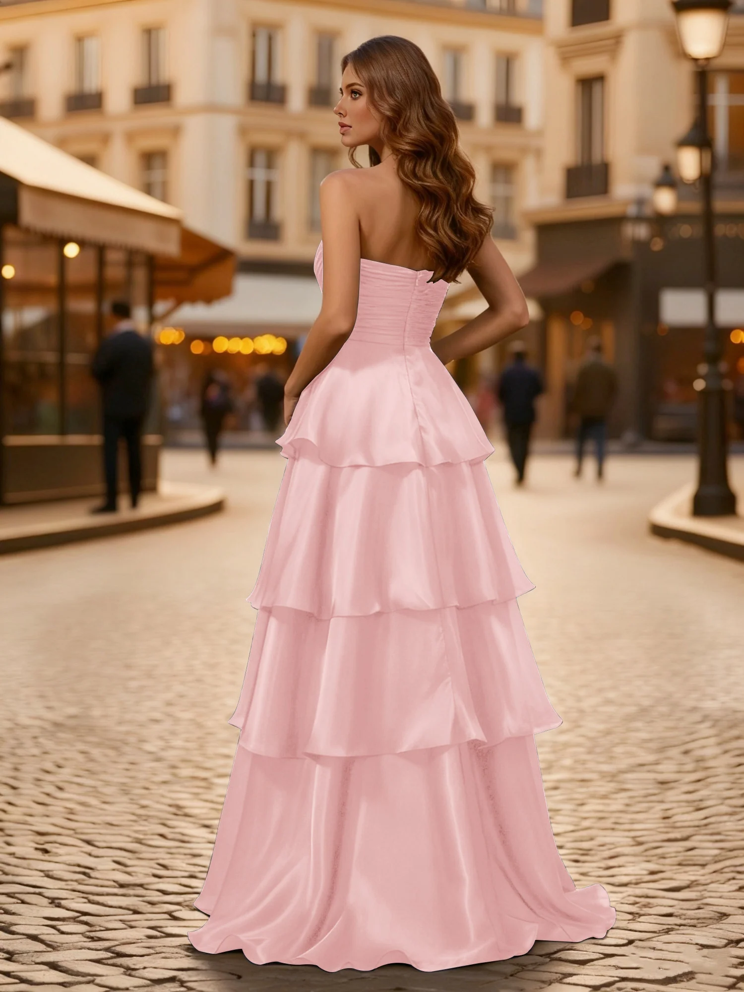 A-line Pleated Strapless Tiered Long Dress Dusty Rose - Image 2