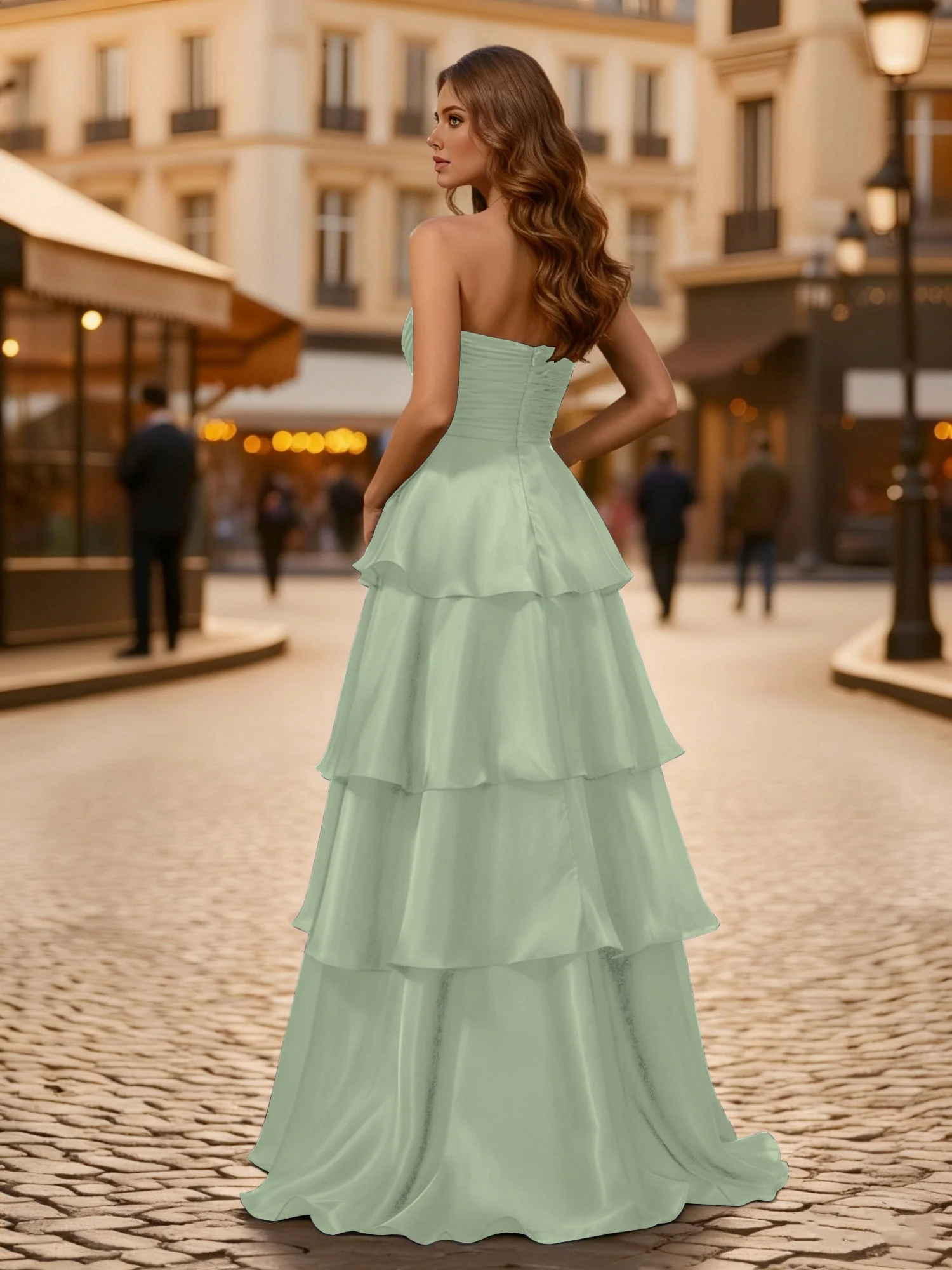 A-line Pleated Strapless Tiered Long Dress Dusty Sage - Image 2