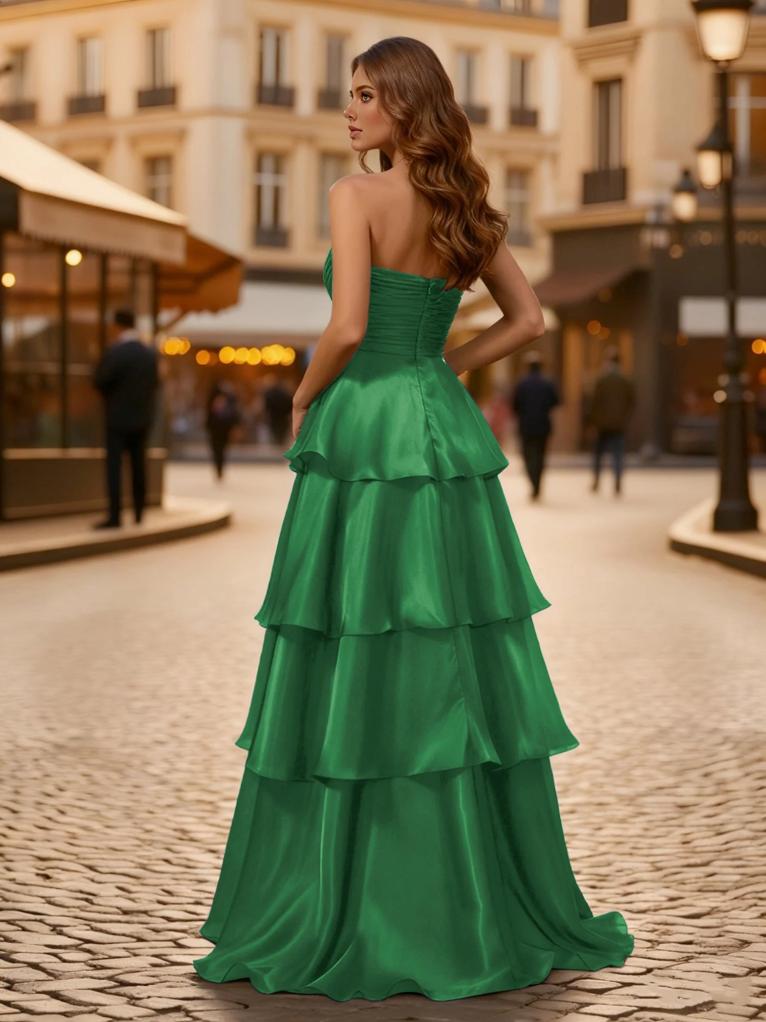 A-line Pleated Strapless Tiered Long Dress Emerald - Image 2