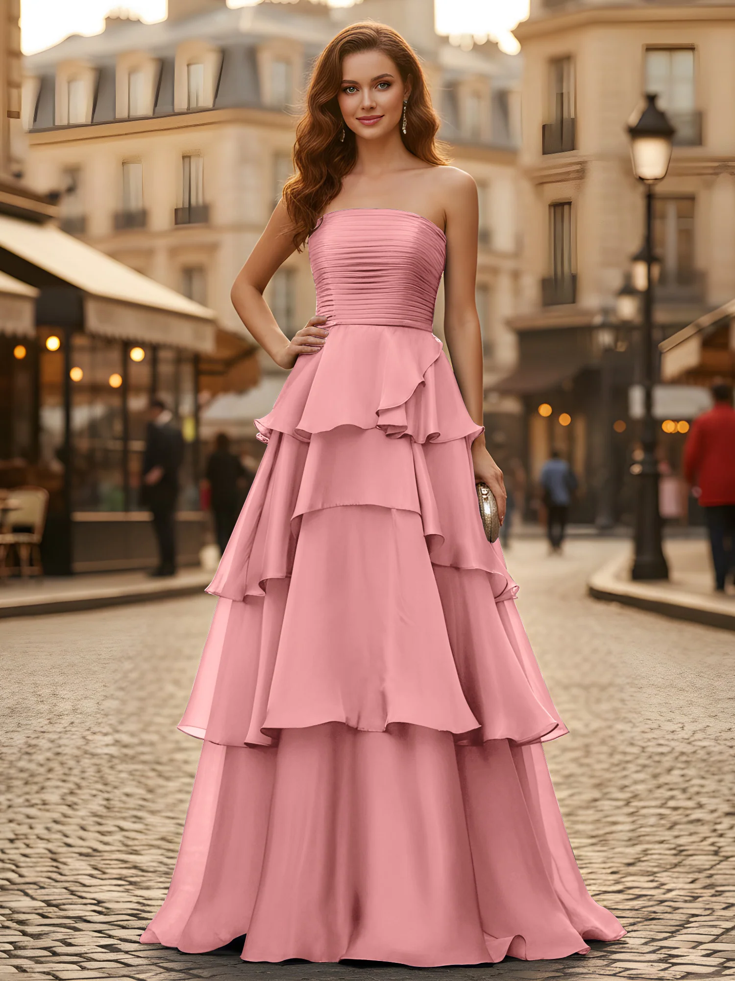 A-line Pleated Strapless Tiered Long Dress Flamingo