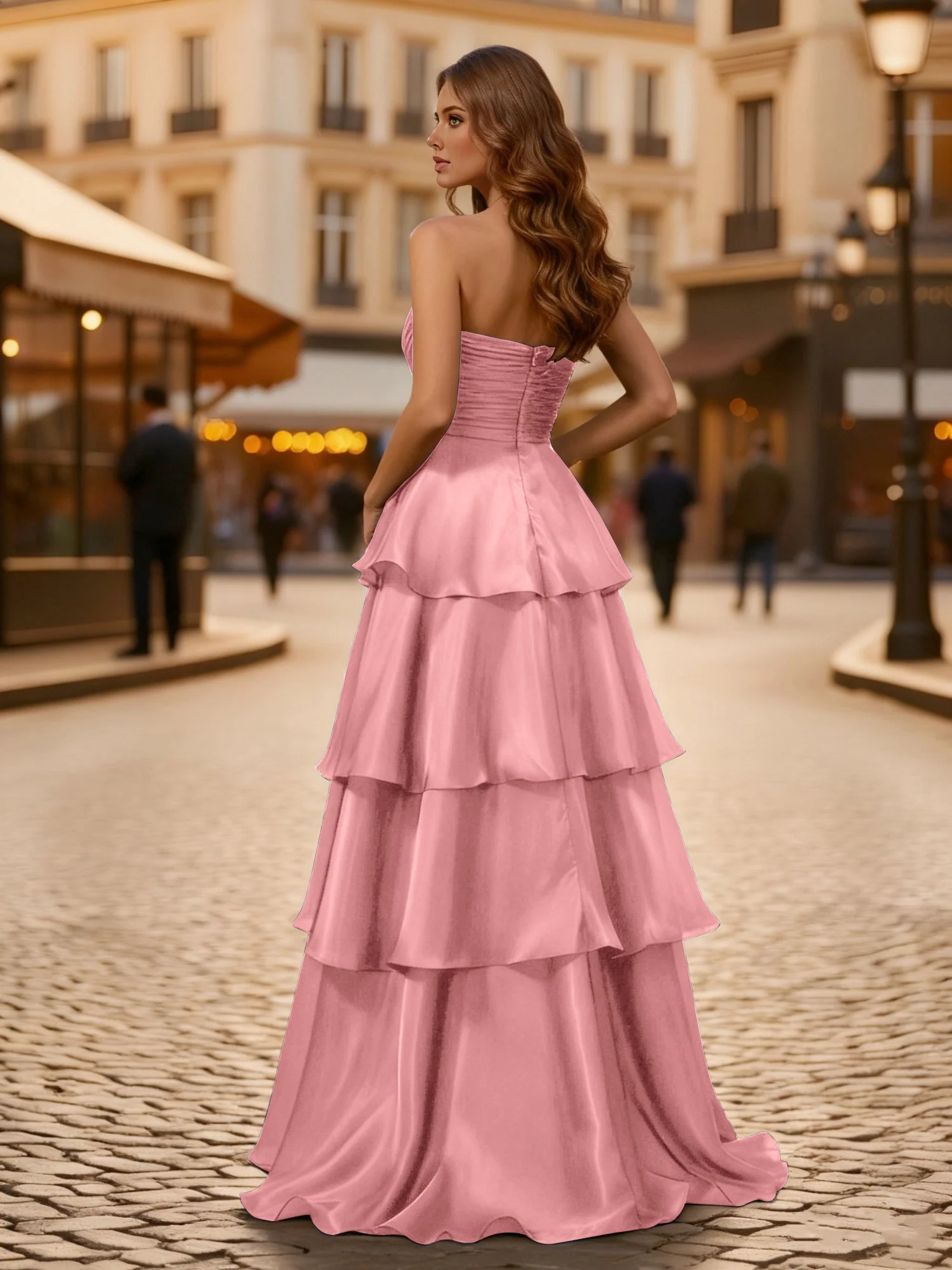 A-line Pleated Strapless Tiered Long Dress Flamingo - Image 2