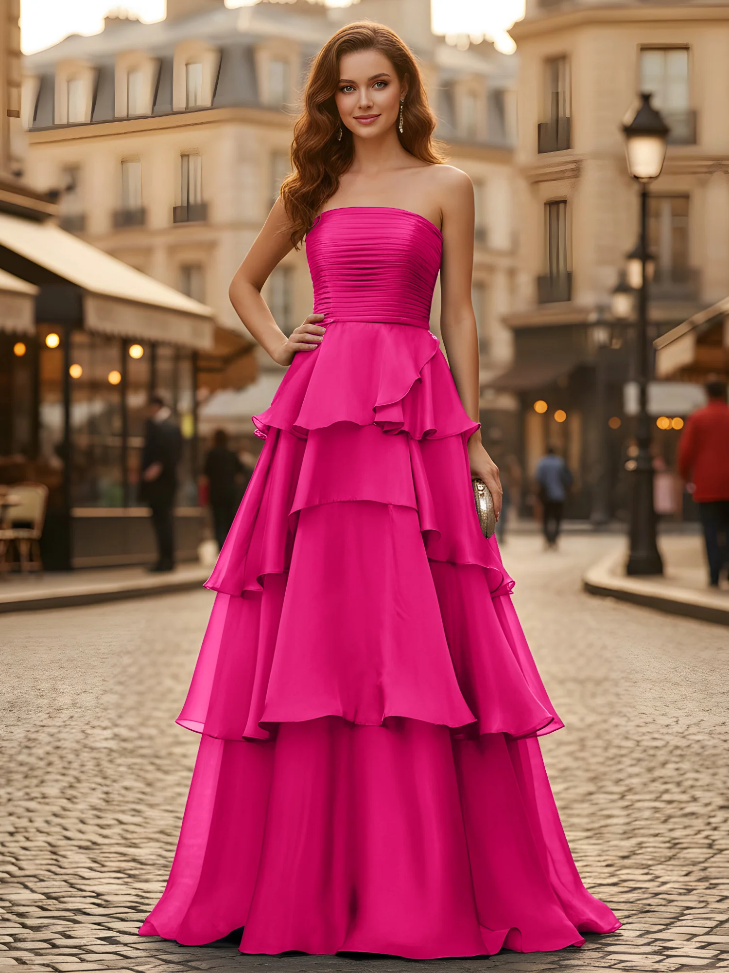 A-line Pleated Strapless Tiered Long Dress Fuchsia