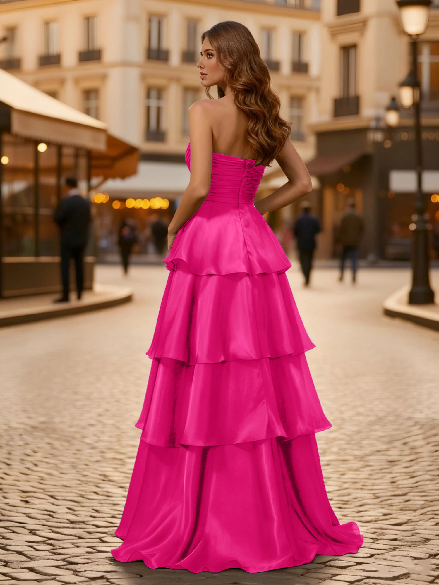 A-line Pleated Strapless Tiered Long Dress Fuchsia - Image 2
