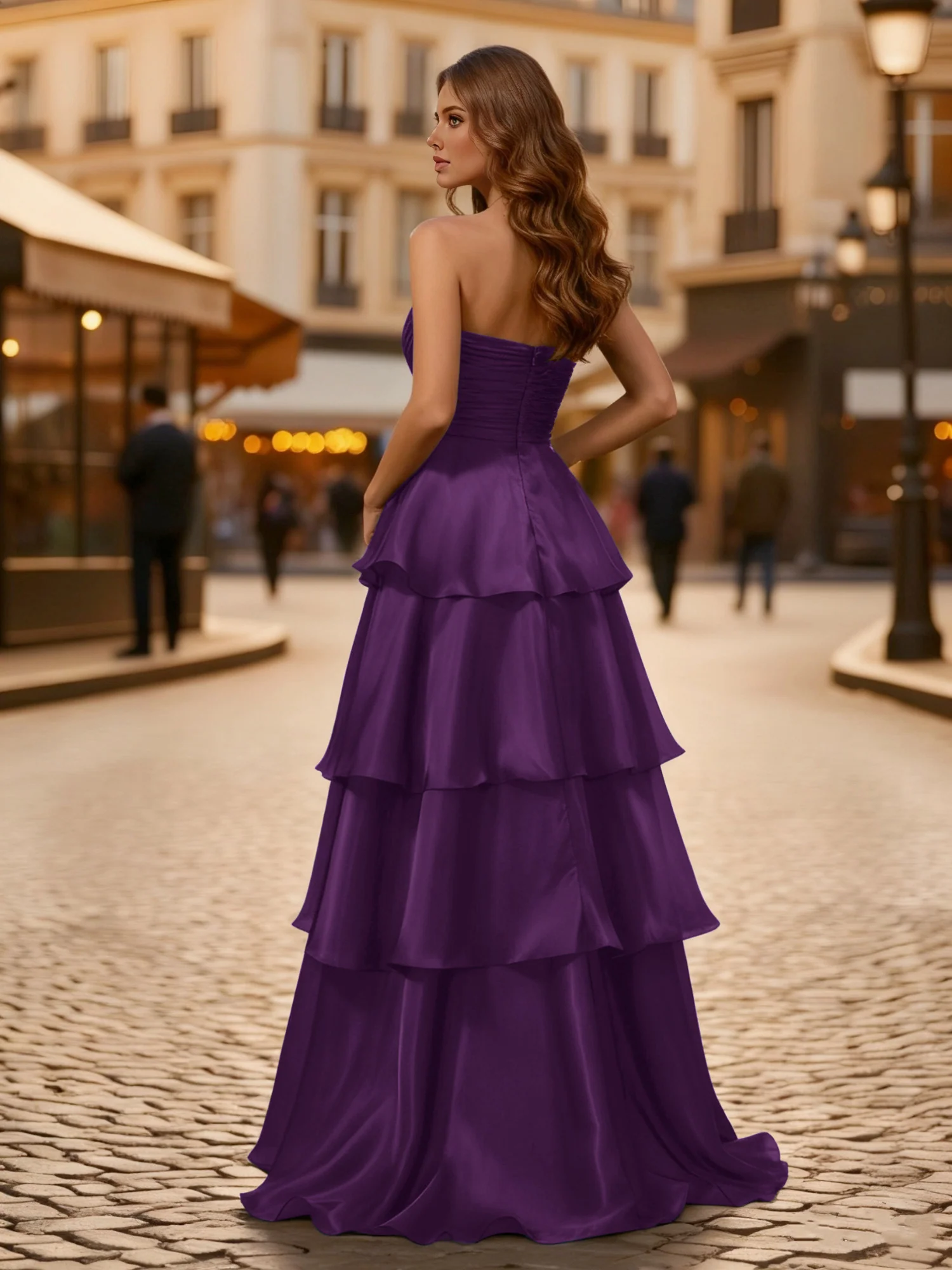 A-line Pleated Strapless Tiered Long Dress Grape - Image 2