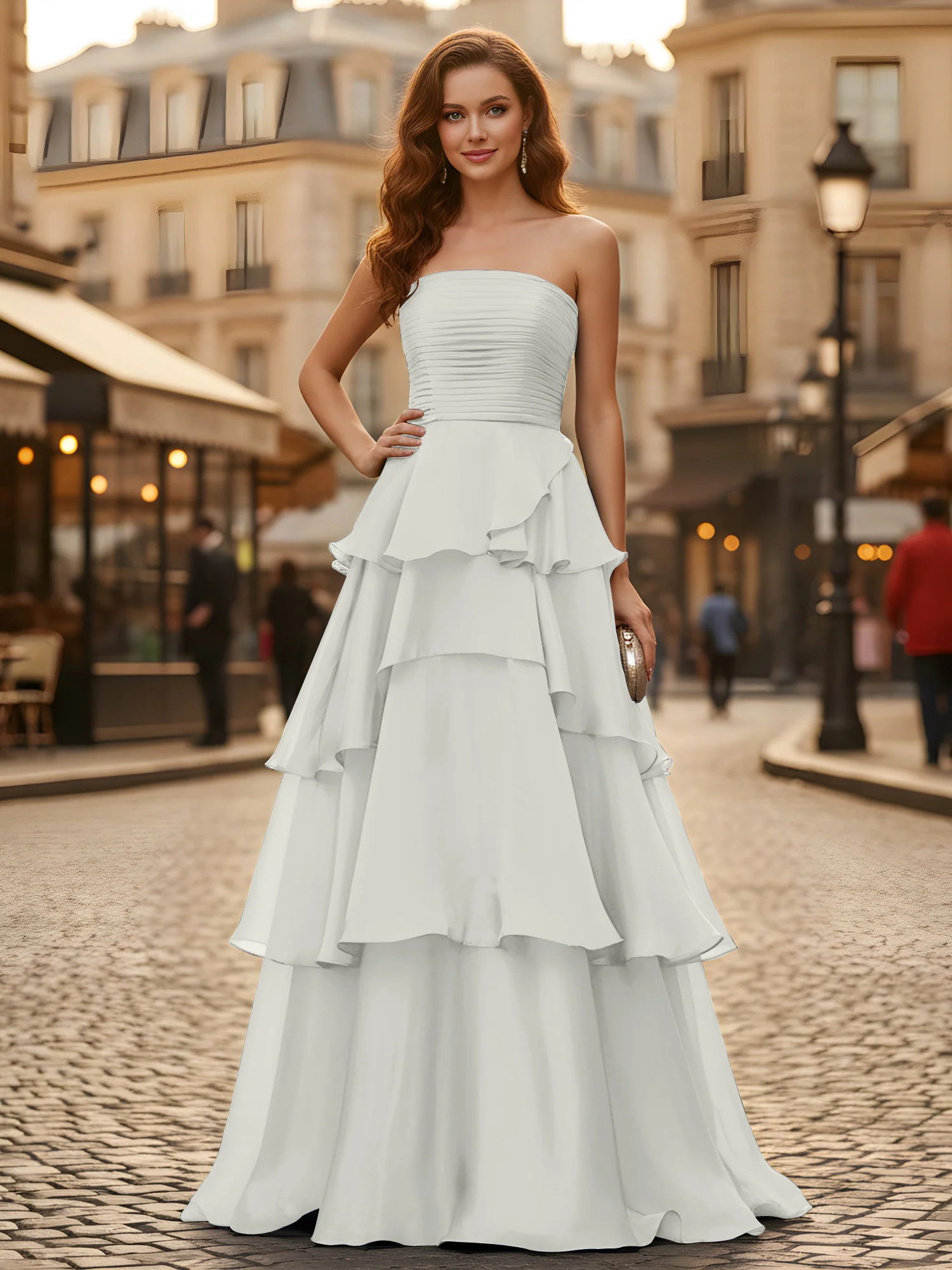 A-line Pleated Strapless Tiered Long Dress Ivory