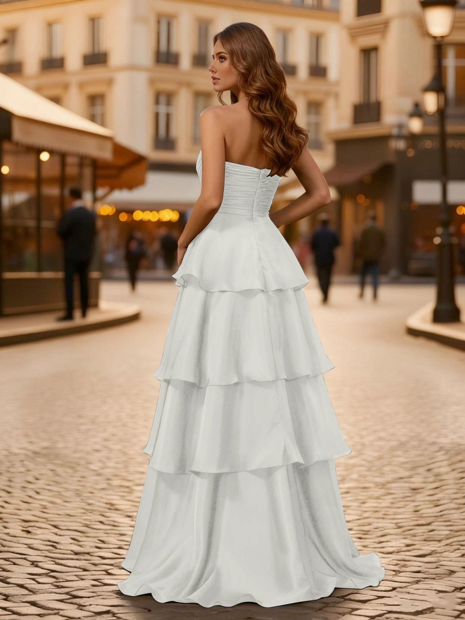 A-line Pleated Strapless Tiered Long Dress Ivory - Image 2