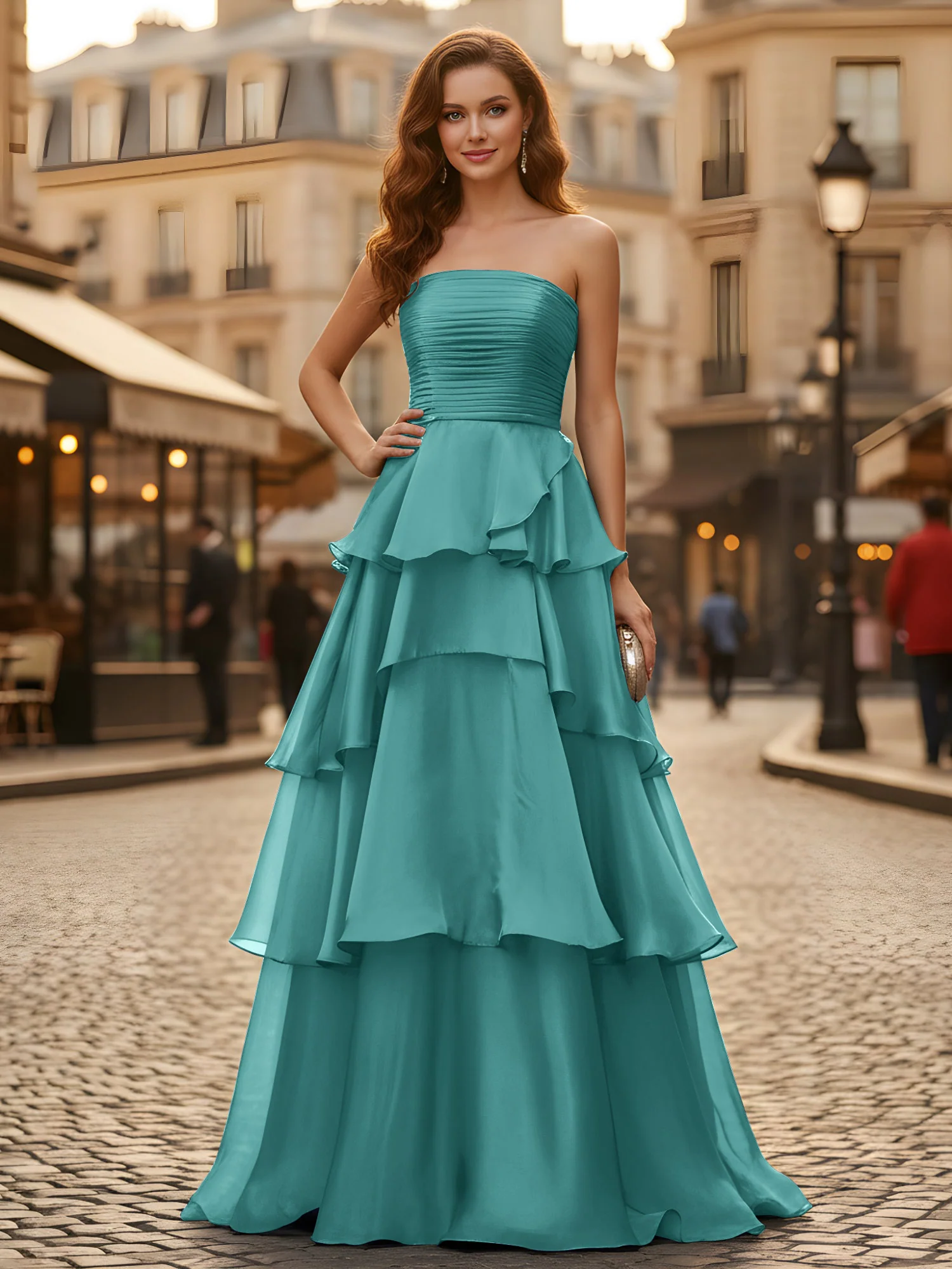 A-line Pleated Strapless Tiered Long Dress Jade