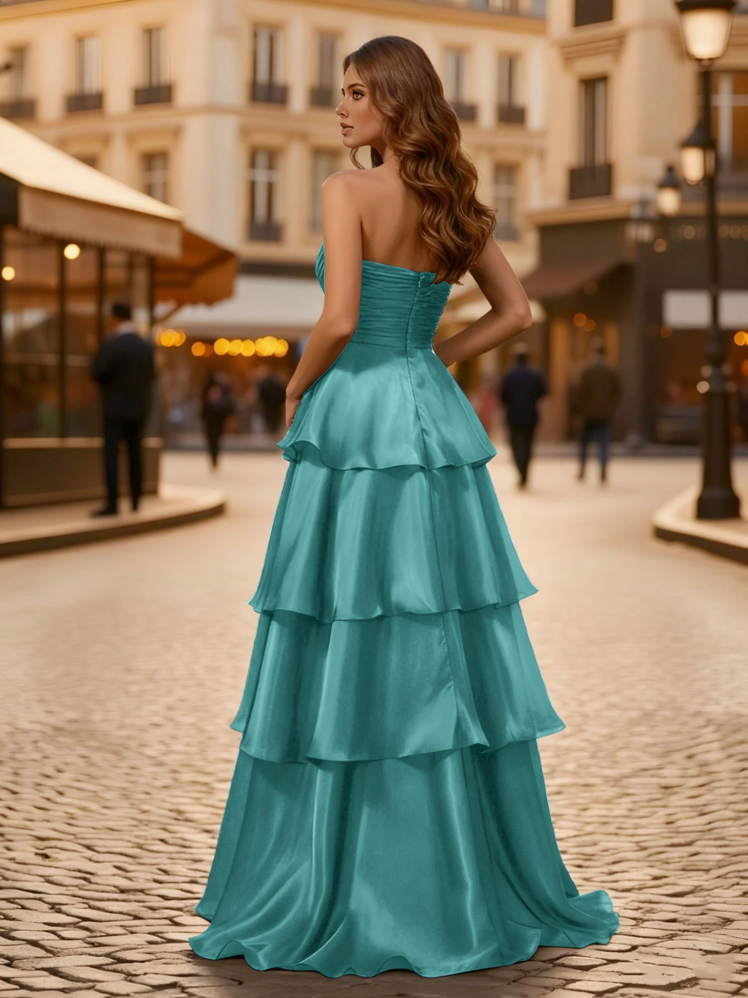 A-line Pleated Strapless Tiered Long Dress Jade - Image 2