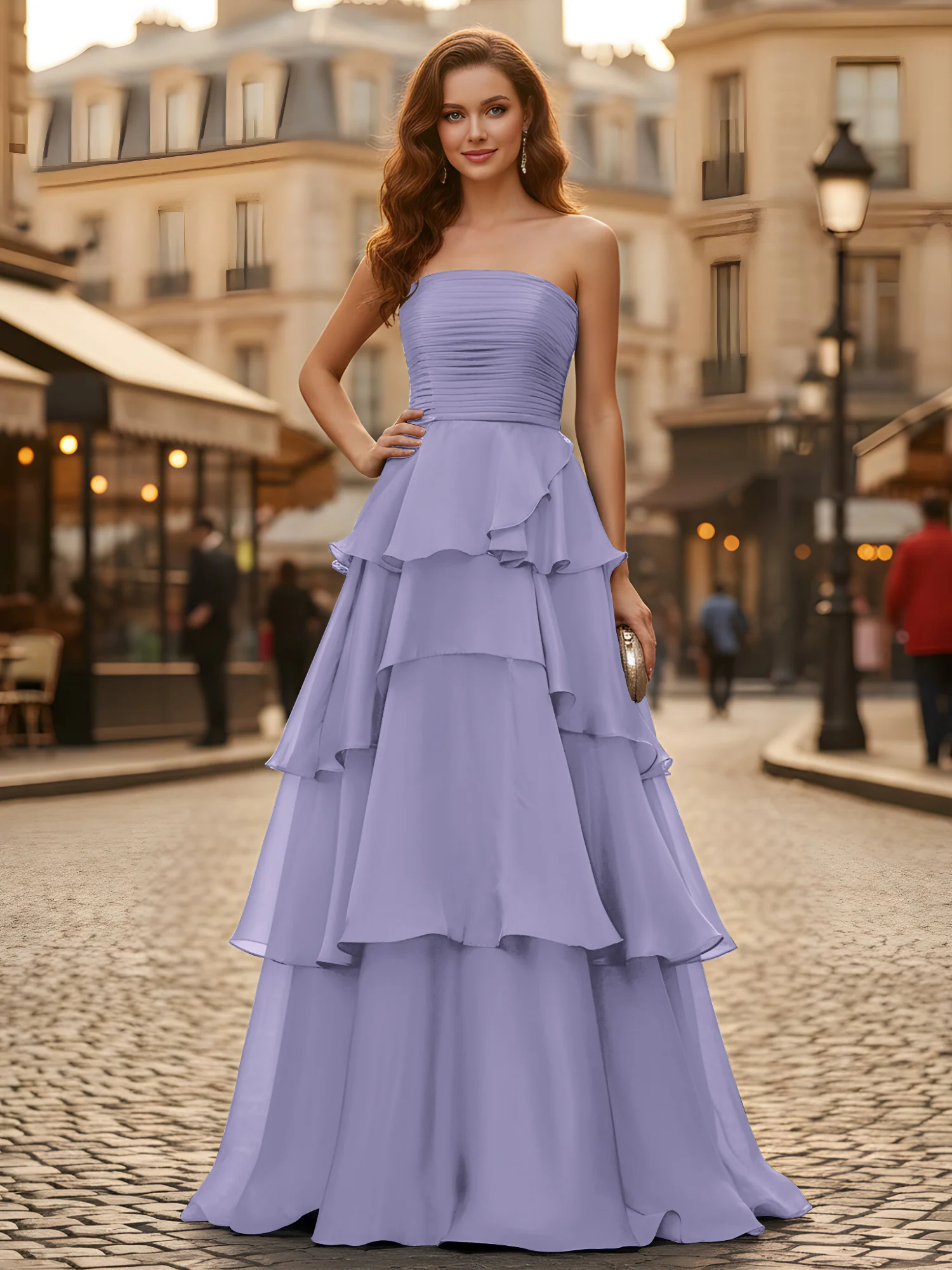 A-line Pleated Strapless Tiered Long Dress Lavender