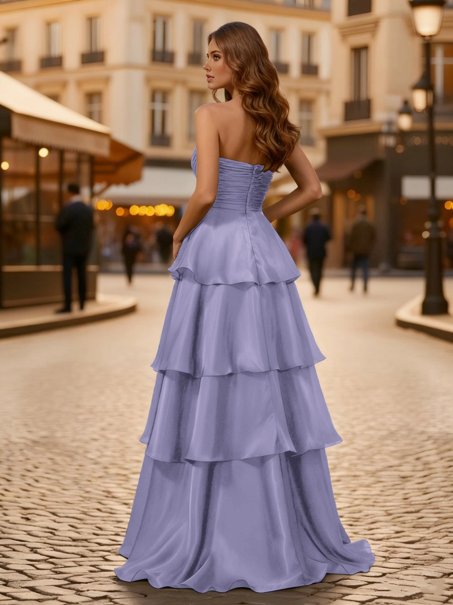 A-line Pleated Strapless Tiered Long Dress Lavender - Image 2