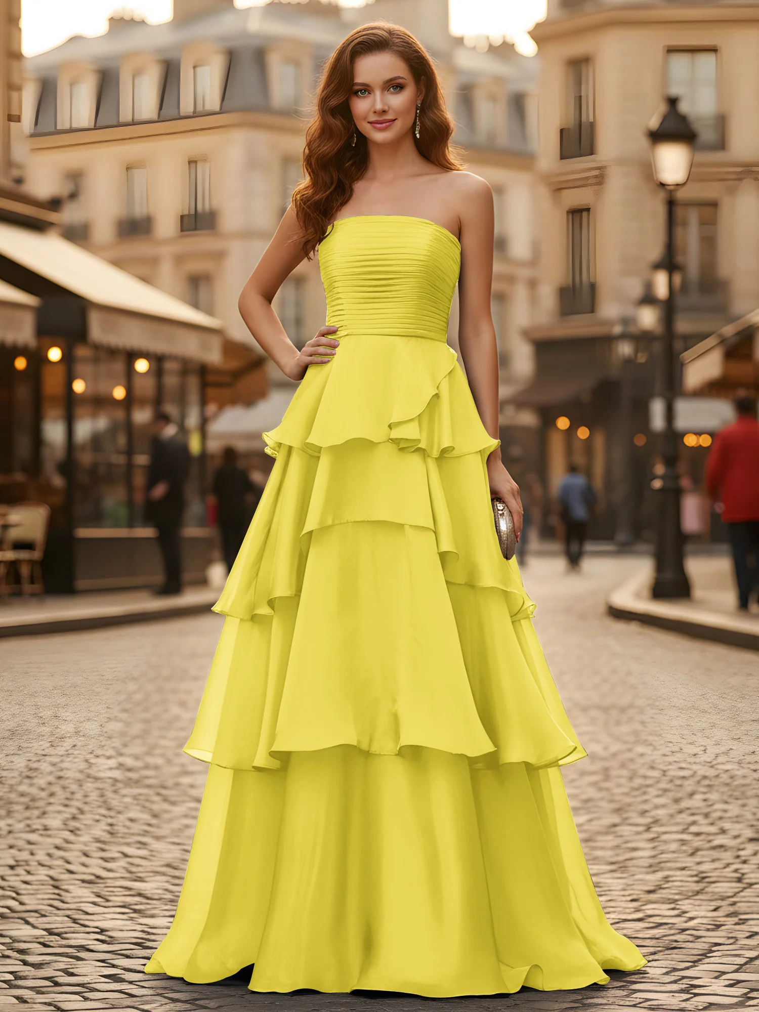 A-line Pleated Strapless Tiered Long Dress Lemon