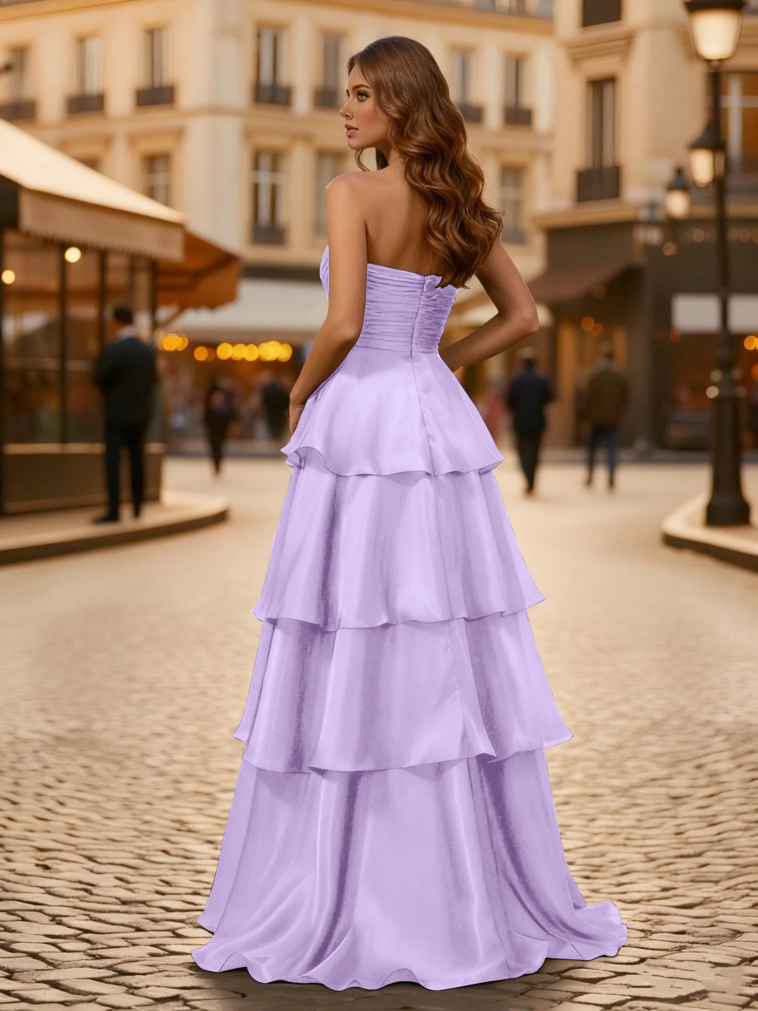 A-line Pleated Strapless Tiered Long Dress Lilac - Image 2