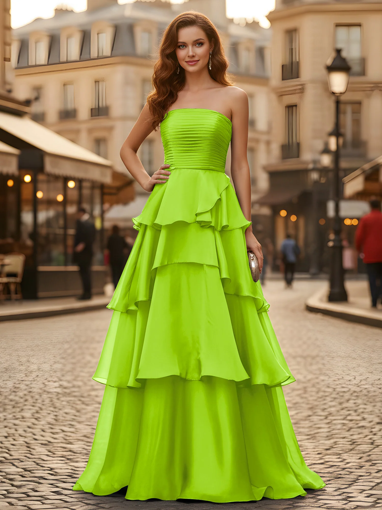 A-line Pleated Strapless Tiered Long Dress Lime Green