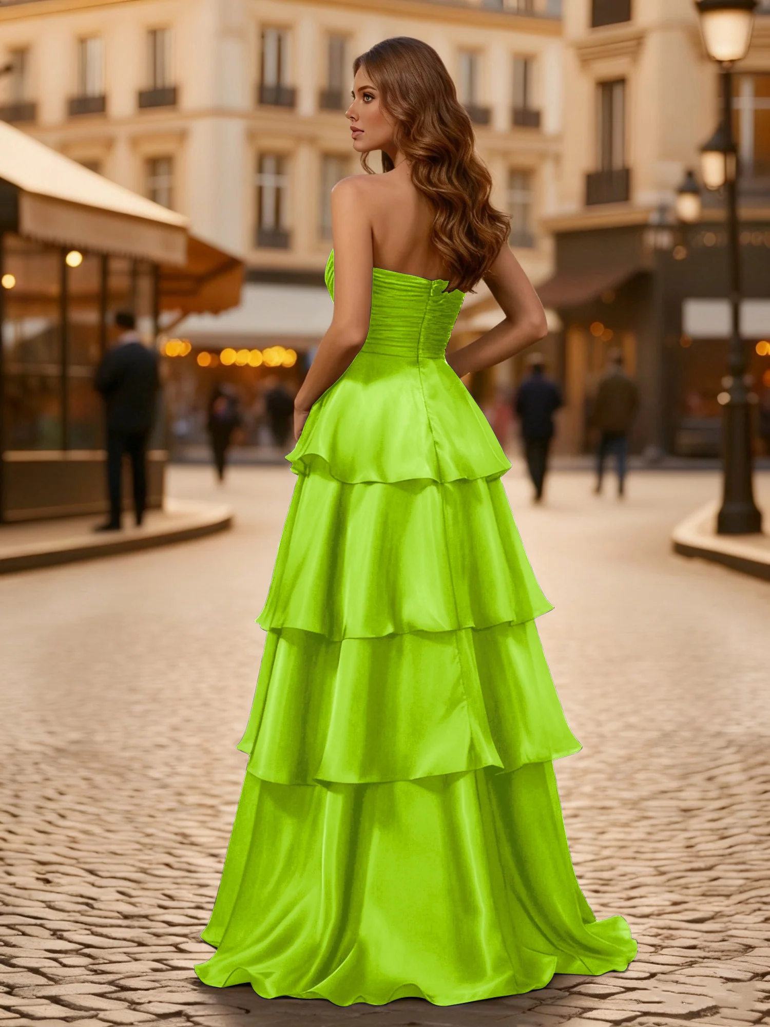 A-line Pleated Strapless Tiered Long Dress Lime Green - Image 2