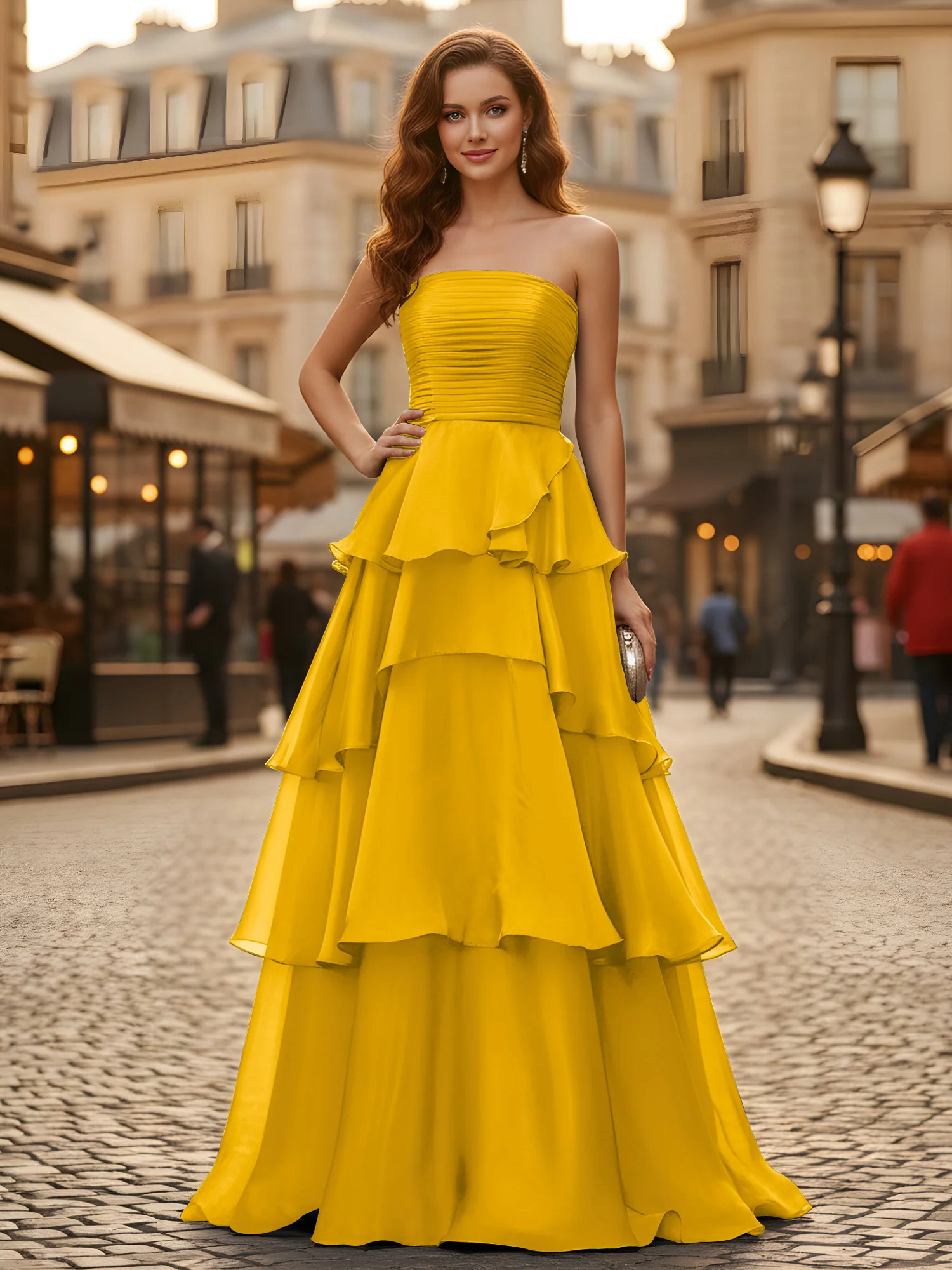 A-line Pleated Strapless Tiered Long Dress Marigold