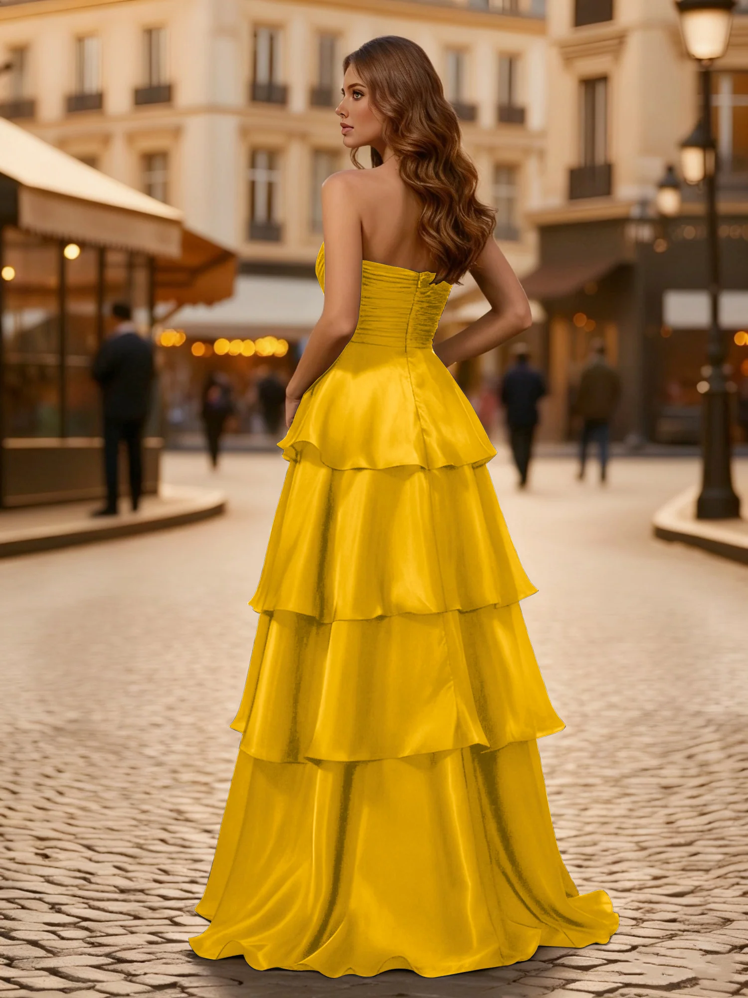 A-line Pleated Strapless Tiered Long Dress Marigold - Image 2