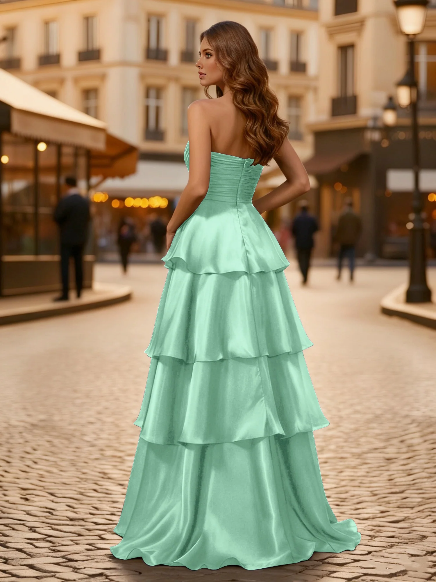 A-line Pleated Strapless Tiered Long Dress Mint Green - Image 2