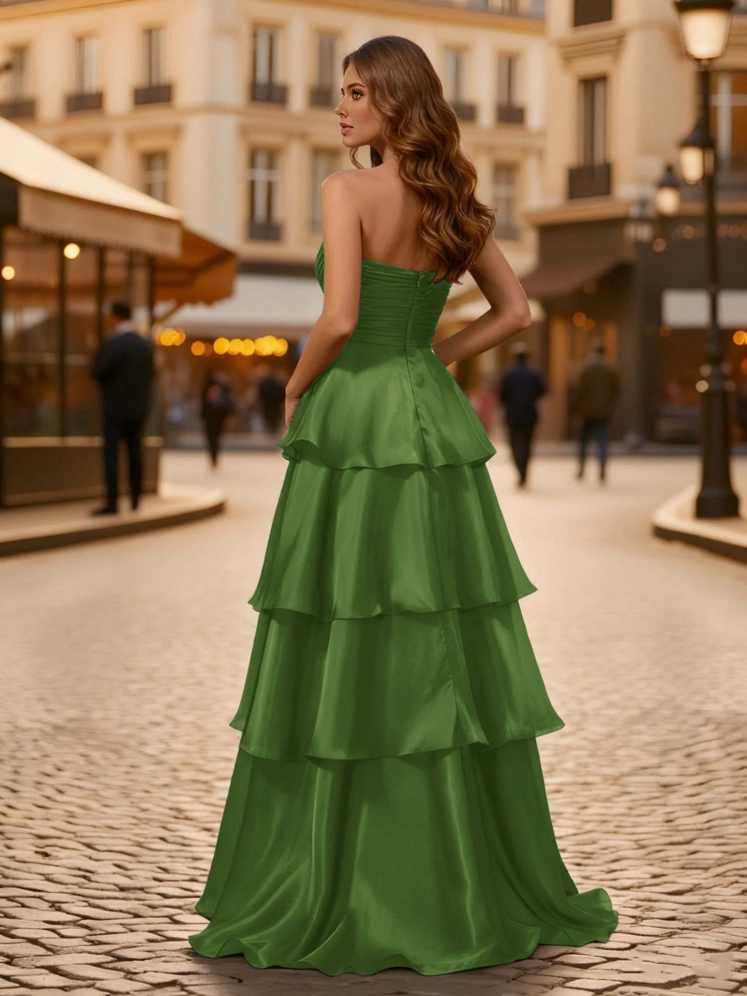 A-line Pleated Strapless Tiered Long Dress Moss - Image 2