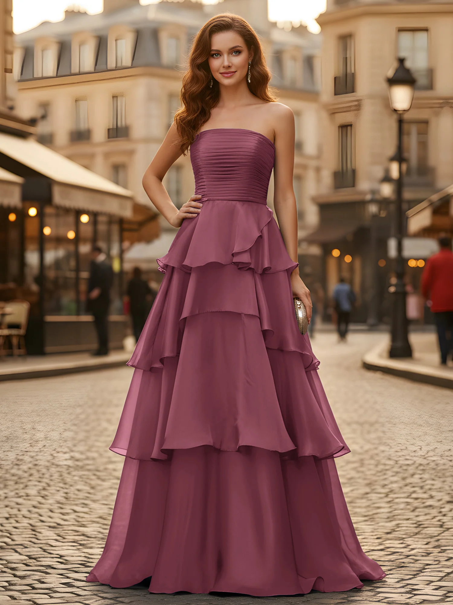 A-line Pleated Strapless Tiered Long Dress Mulberry