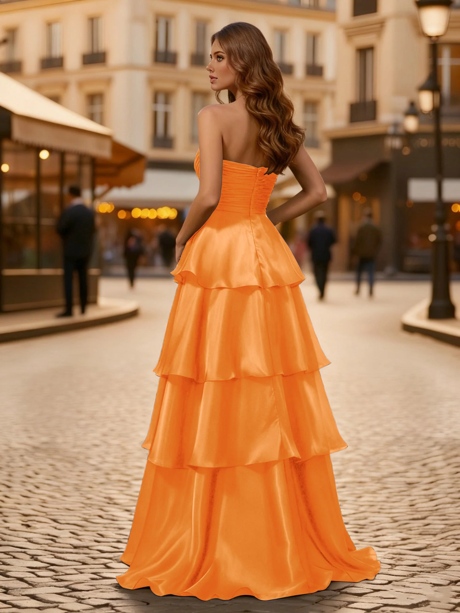 A-line Pleated Strapless Tiered Long Dress Orange - Image 2