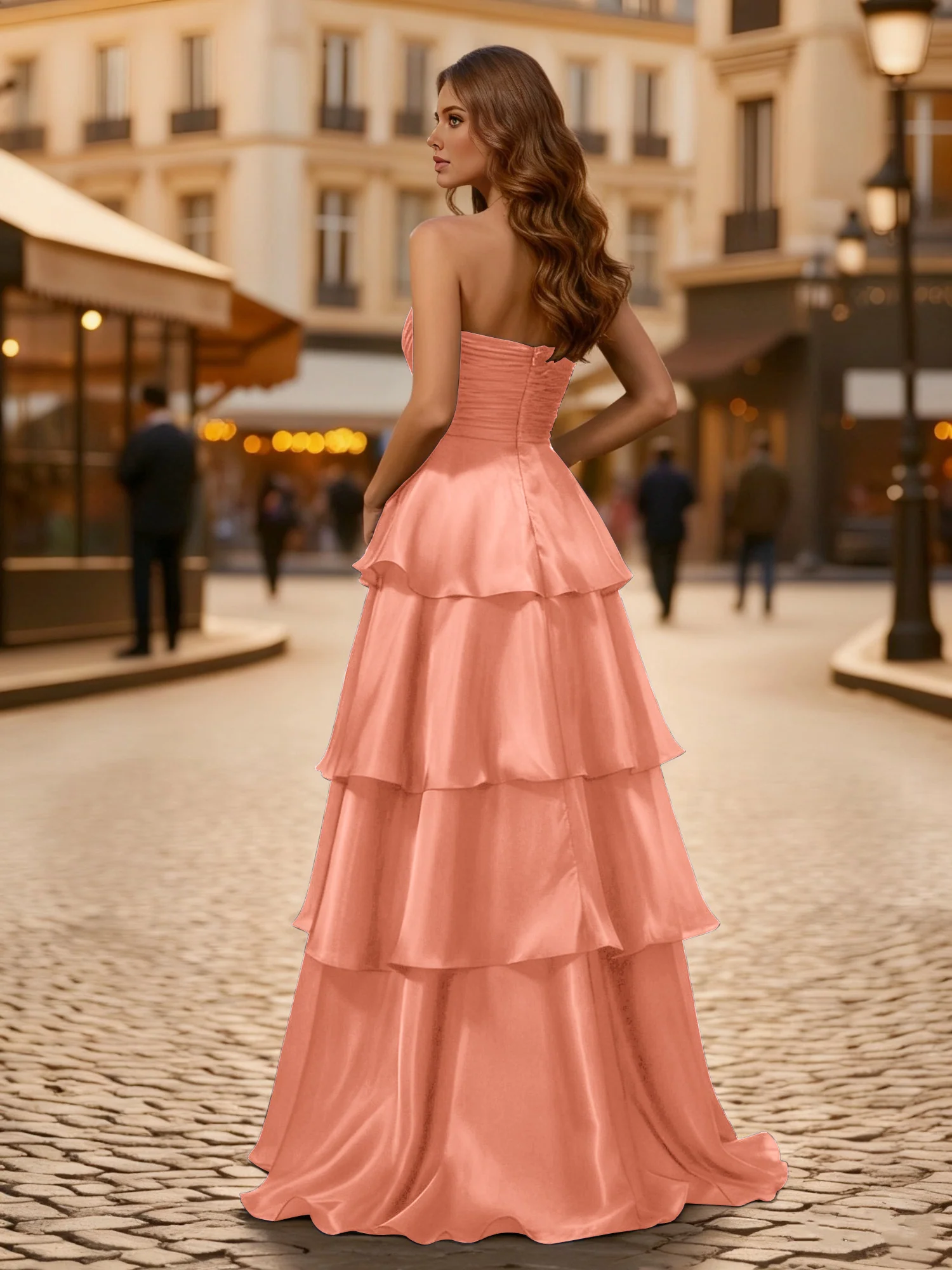 A-line Pleated Strapless Tiered Long Dress Papaya - Image 2