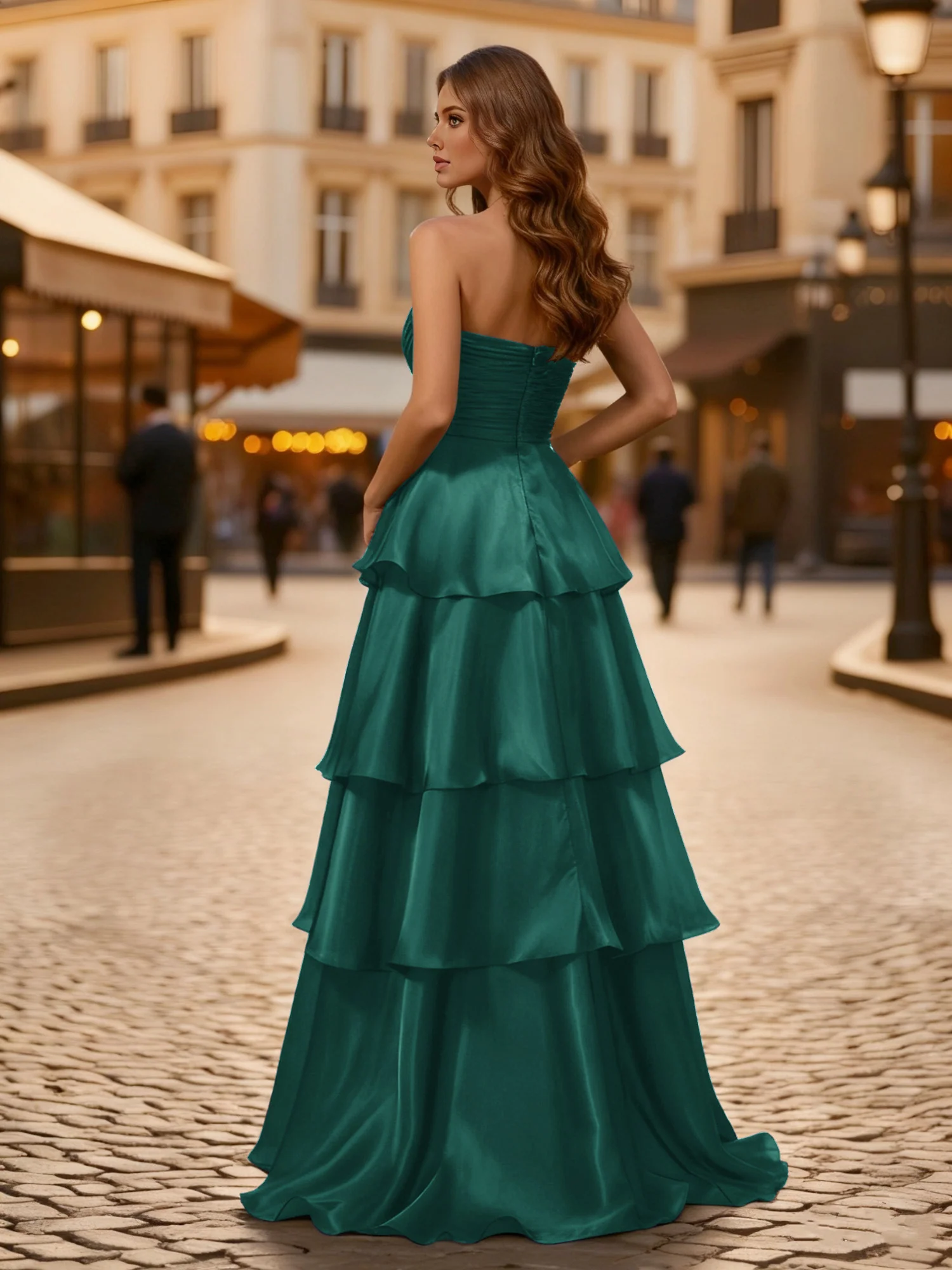 A-line Pleated Strapless Tiered Long Dress Peacock - Image 2