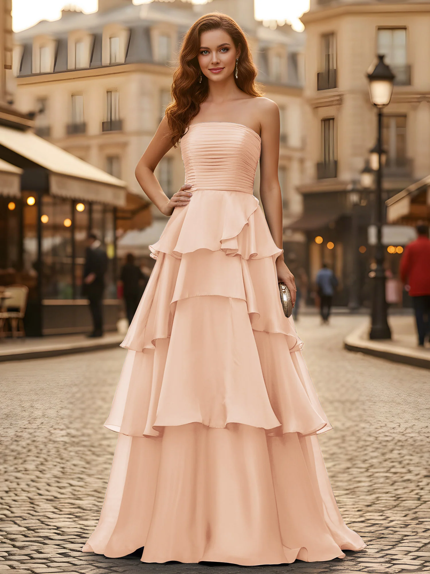 A-line Pleated Strapless Tiered Long Dress Pearl Pink